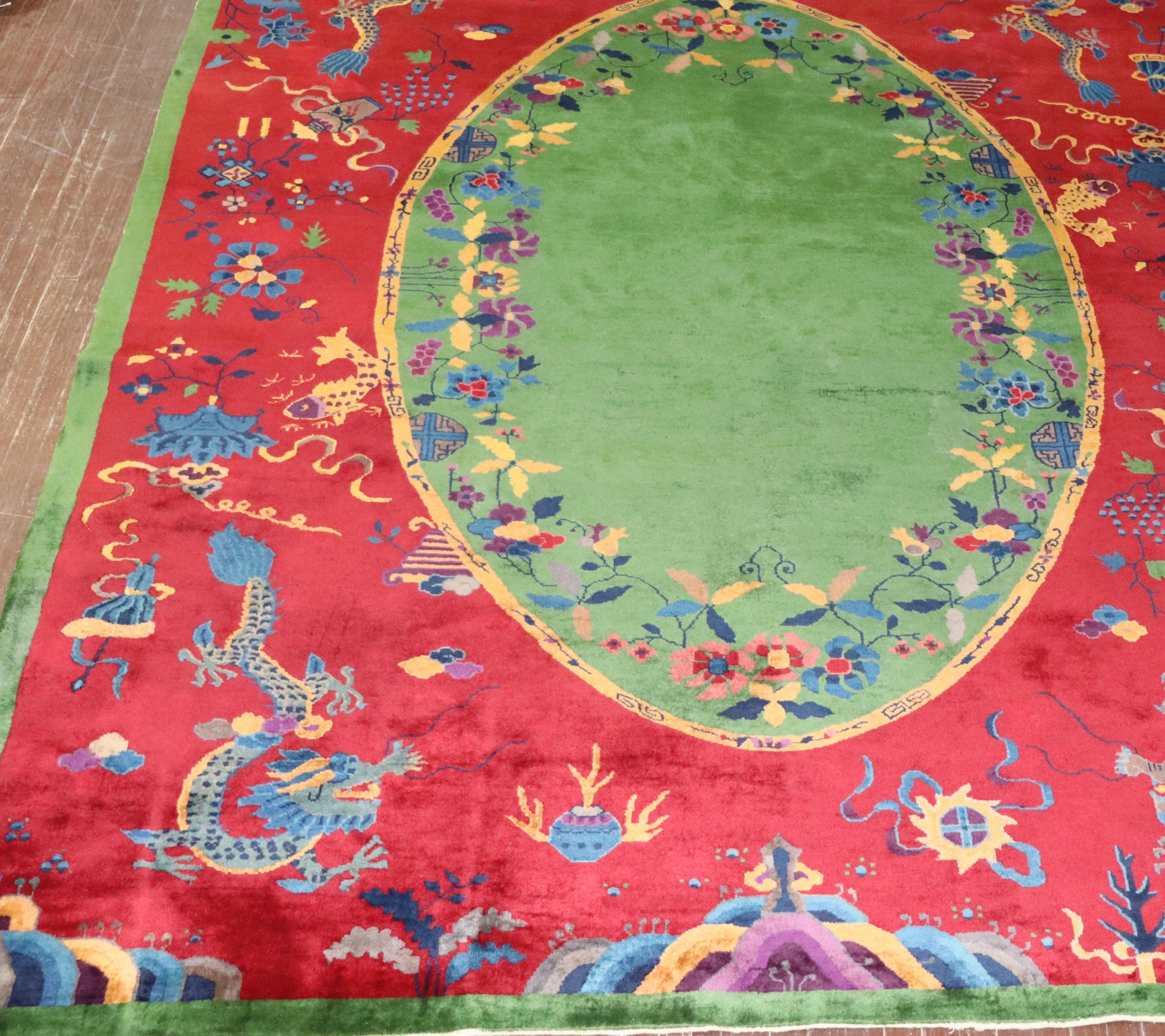 Antique Dragon Art Deco Chinese Carpet, Early 20th Century, 8'9