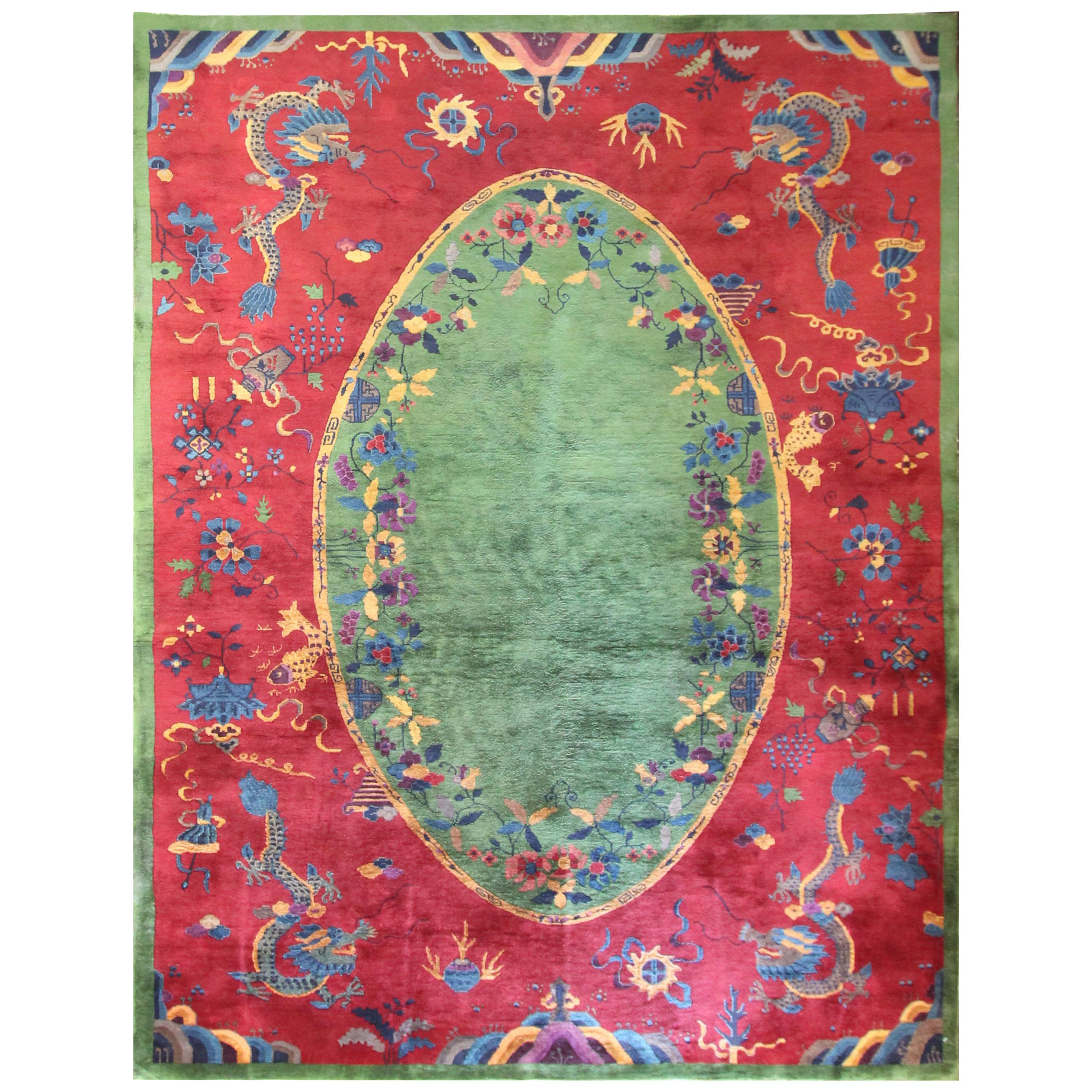 Antique Dragon Art Deco Chinese Carpet, Early 20th Century, 8'9" x 11'6" For Sale