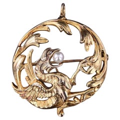 Antique Dragon Brooch of Pearl and 14k Gold, Circa 1890