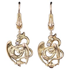 Antique Dragon Conversion Earrings of 14k Gold