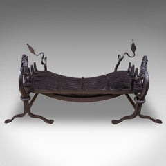 Antique Dragon Motif Fireplace Set, English, Fire Basket, Andirons, Edwardian