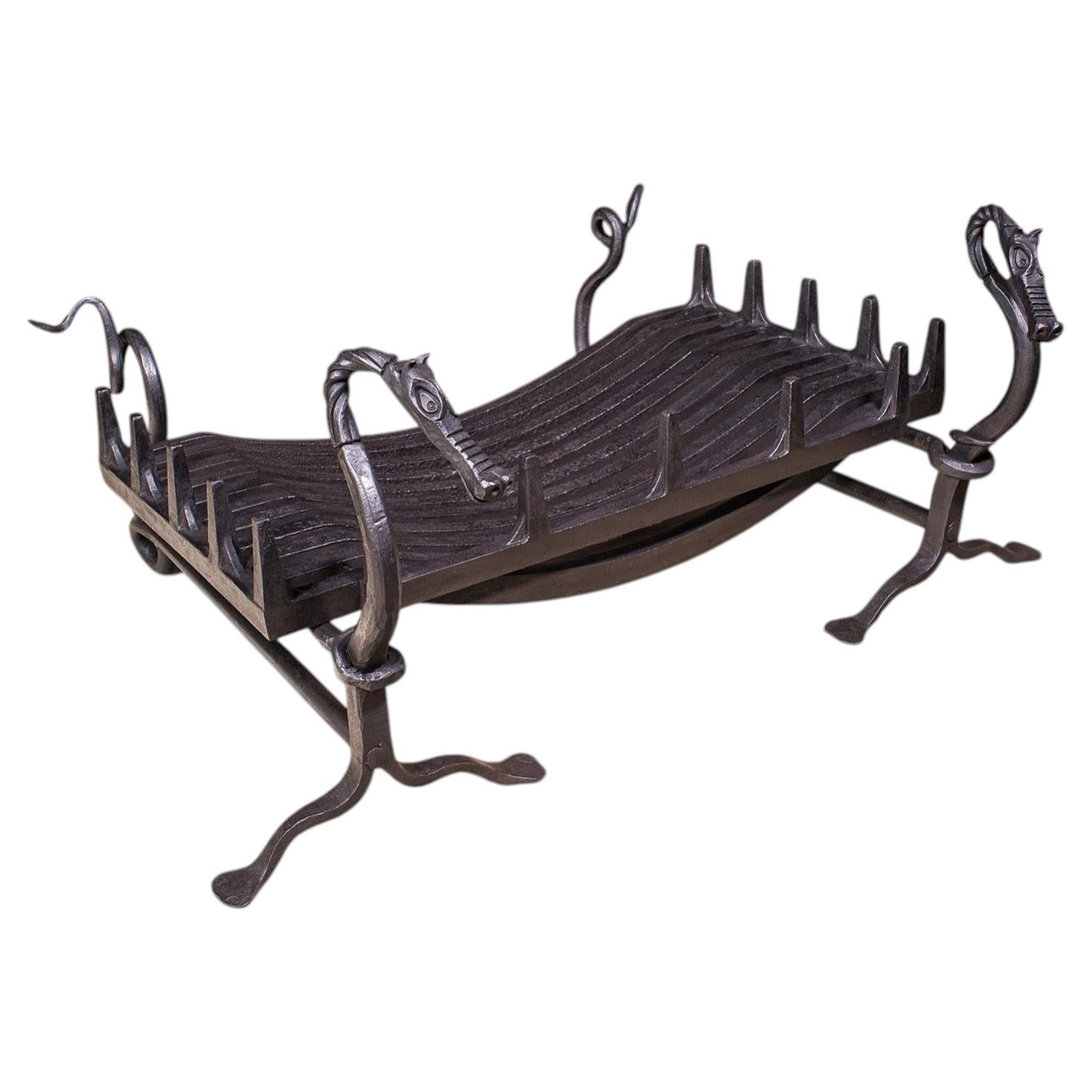 Antique Dragon Motif Fireplace Set, English, Fire Basket, Andirons, Edwardian