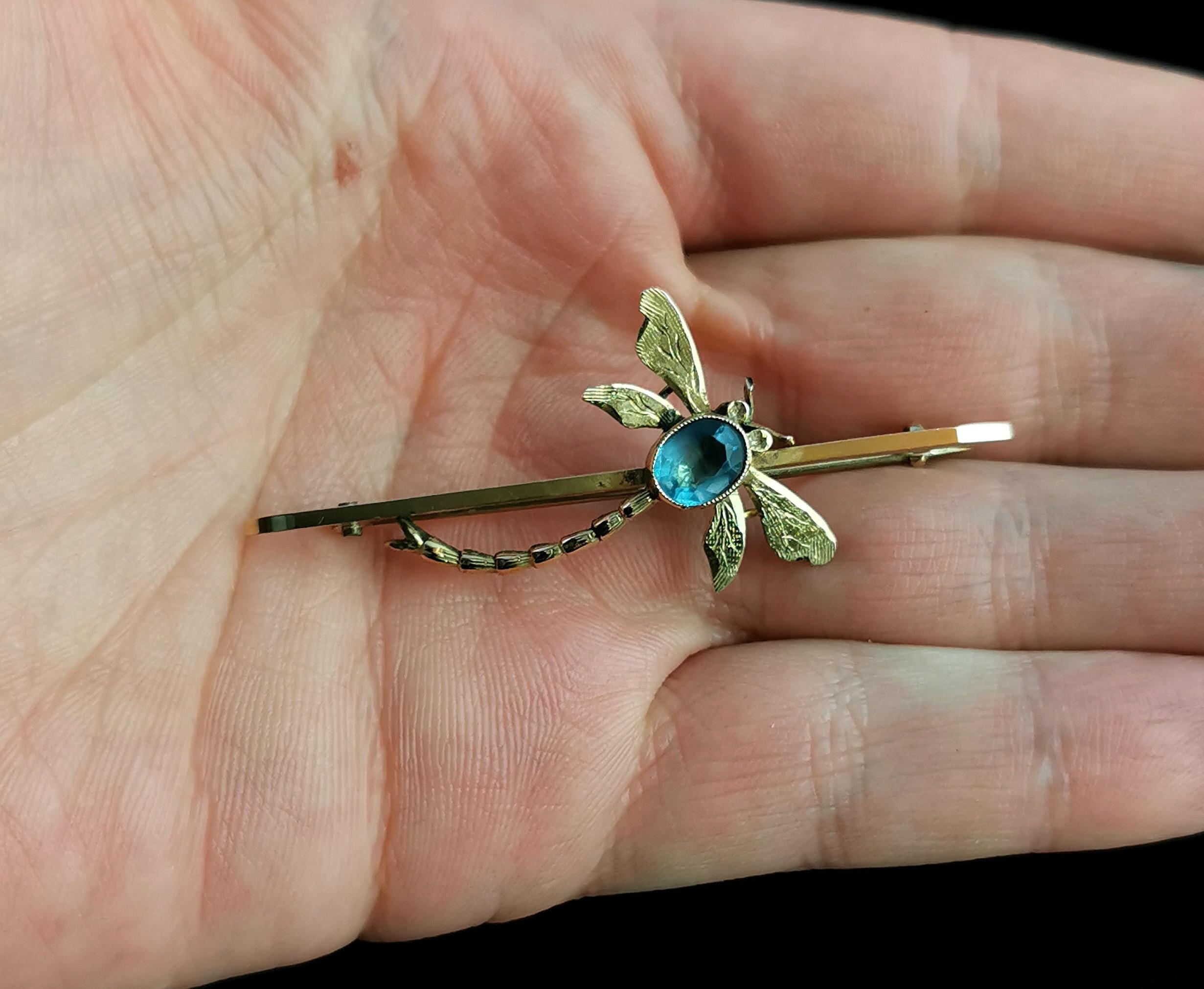 Antique Dragonfly Brooch, 9 Karat Yellow Gold, Blue Paste, Boxed 7