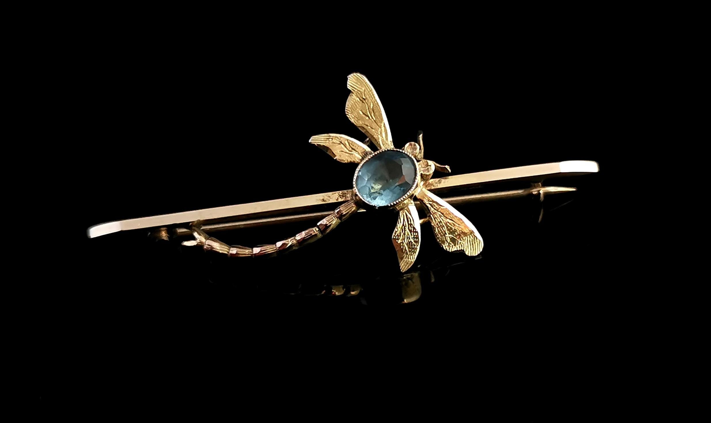 A gorgeous antique, early Edwardian 9 karat yellow gold dragonfly brooch.

A slim yellow gold knife edge bar brooch mounted with a jewelled dragonfly.

The dragonfly has a lifelike body and finely engraved and textured wings, the body is set with an