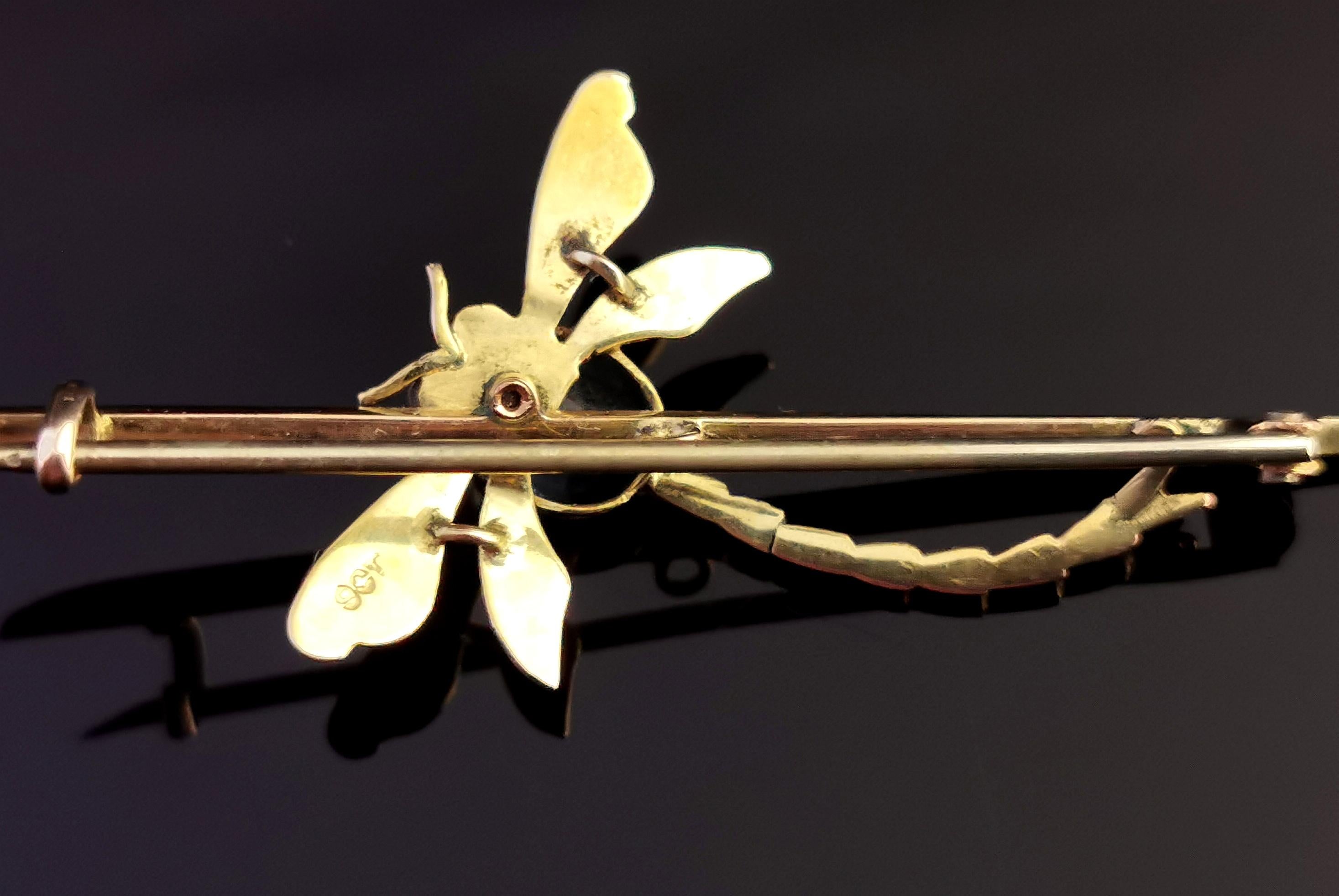 Antique Dragonfly Brooch, 9 Karat Yellow Gold, Blue Paste, Boxed 3