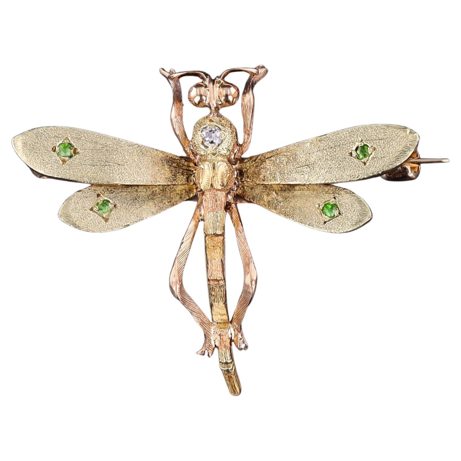 Antique Demantoid Garnet Dragonfly Pin of 14k Gold, Circa 1886