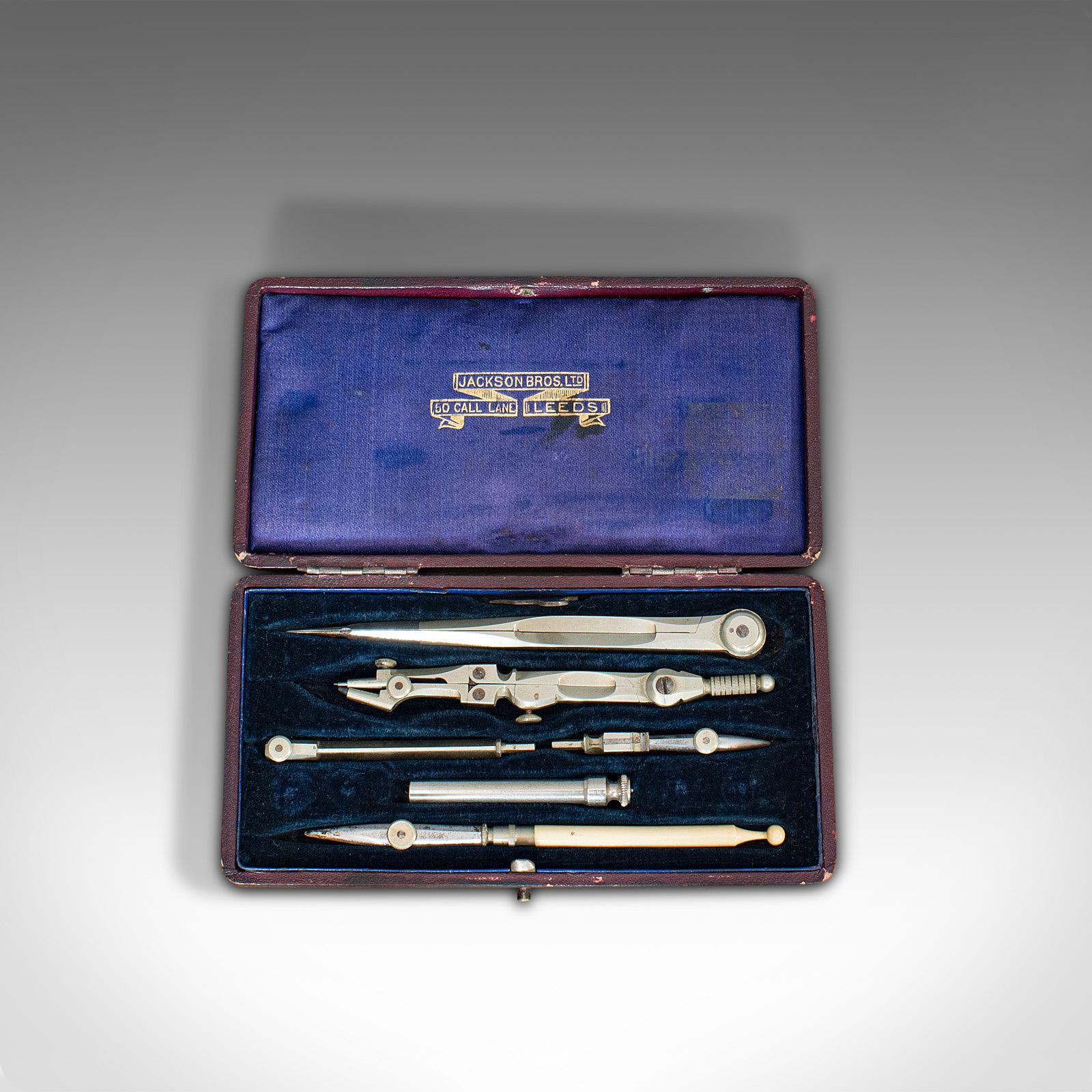 This is an antique draughtsman's set. An English, silver nickel drawing instrument or tool set by Jackson Bros of Leeds, dating to the late Victorian period, circa 1900.

An appealing set of instruments from the north of England
Displaying a