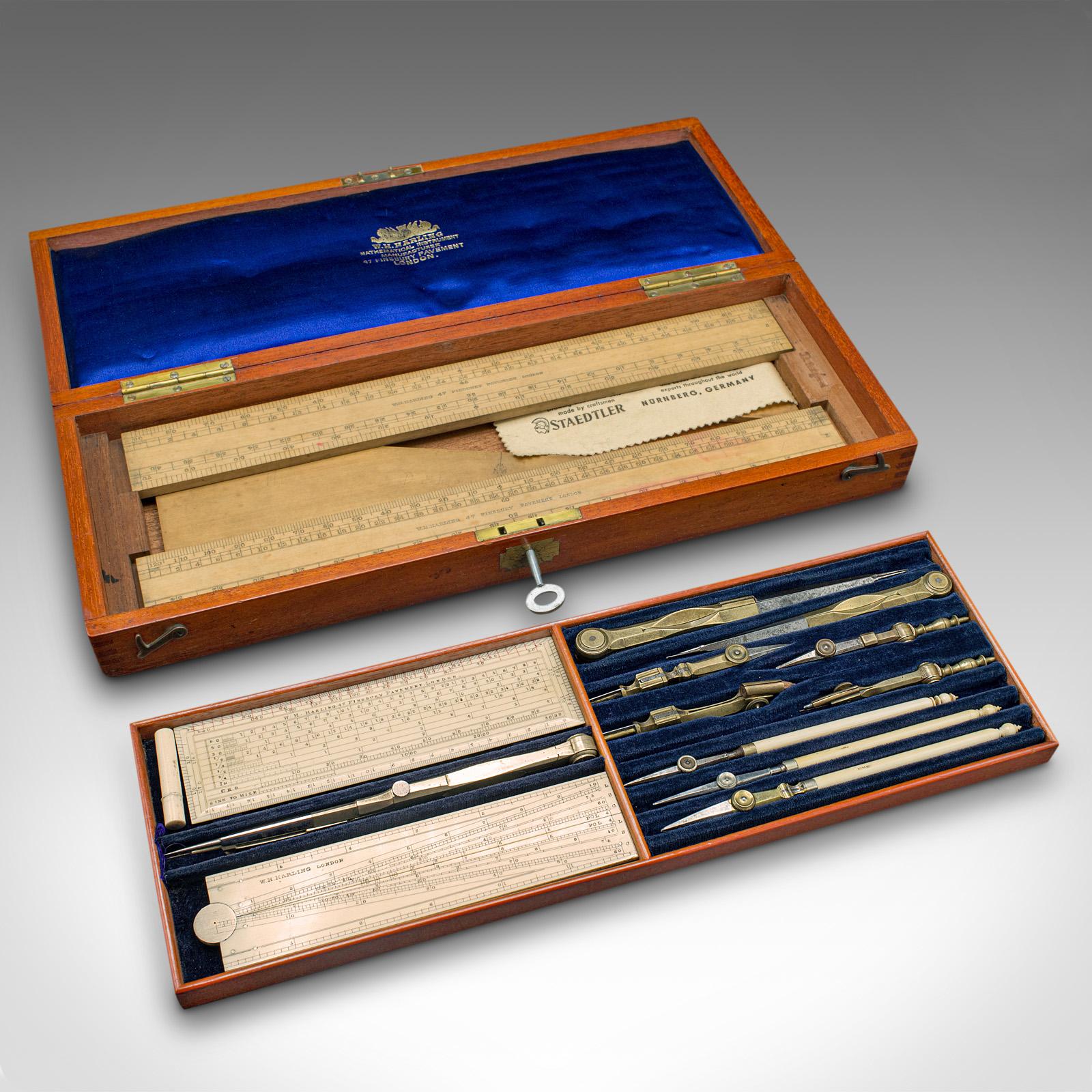 This is an antique master draughtsman's tool set. An English, case of cartographer's drawing instruments, dating to the Edwardian period, circa 1910.

Comprehensive set of 17 pieces, presented in a quality case
Displaying a desirable aged patina and