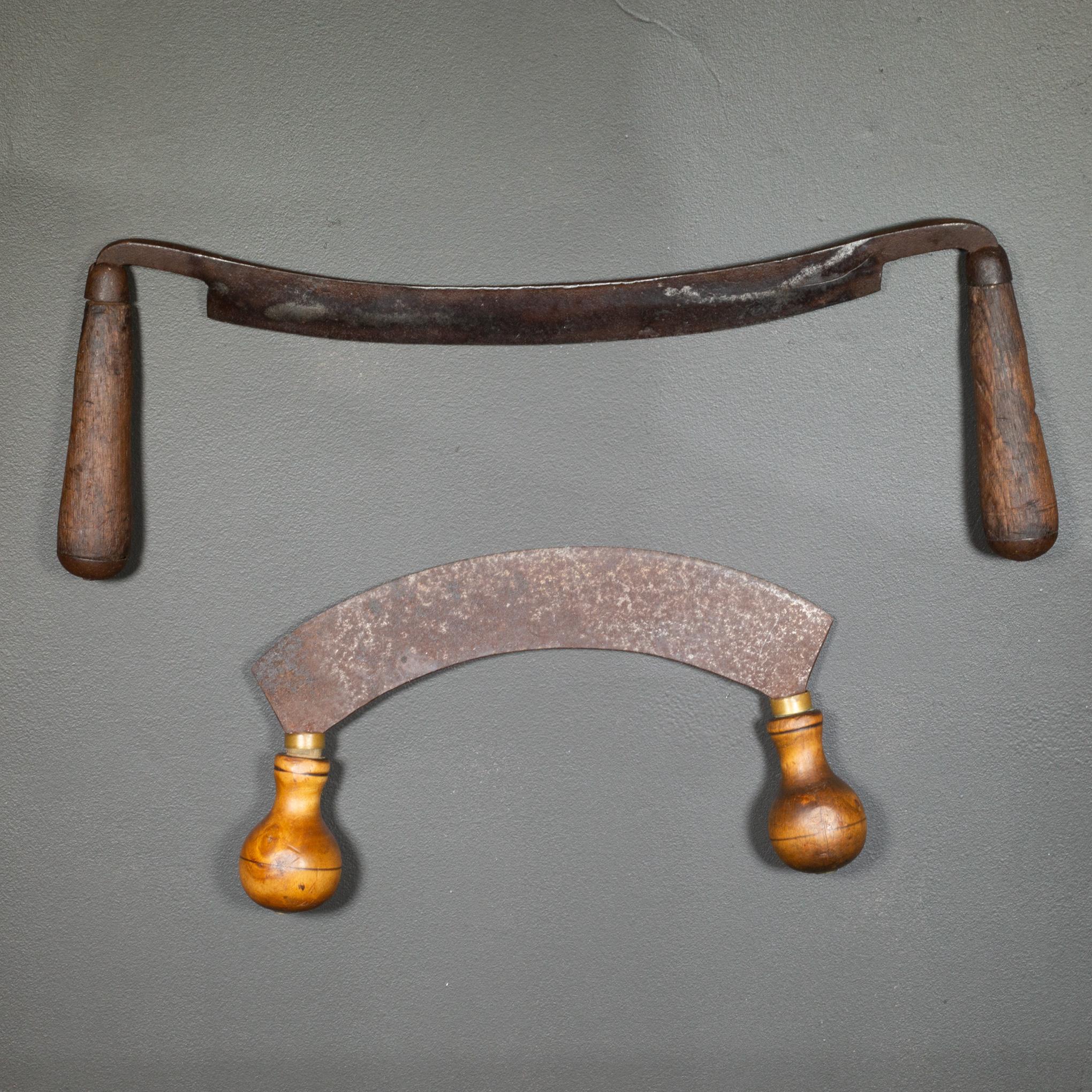 ABOUT

Antique 12 inch draw knife with wooden handles and one mezzaluna knife with Beech handles. Brass collars. 

    CREATOR Unknown. 
    DATE OF MANUFACTURE c. 1860-1900.
    MATERIALS AND TECHNIQUES Beech, Steel, Brass. 
    CONDITION Good.