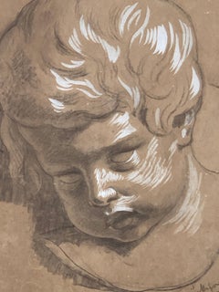Antique Drawing August von Heckel 1824-1883 Study of a Child's Head and Legs