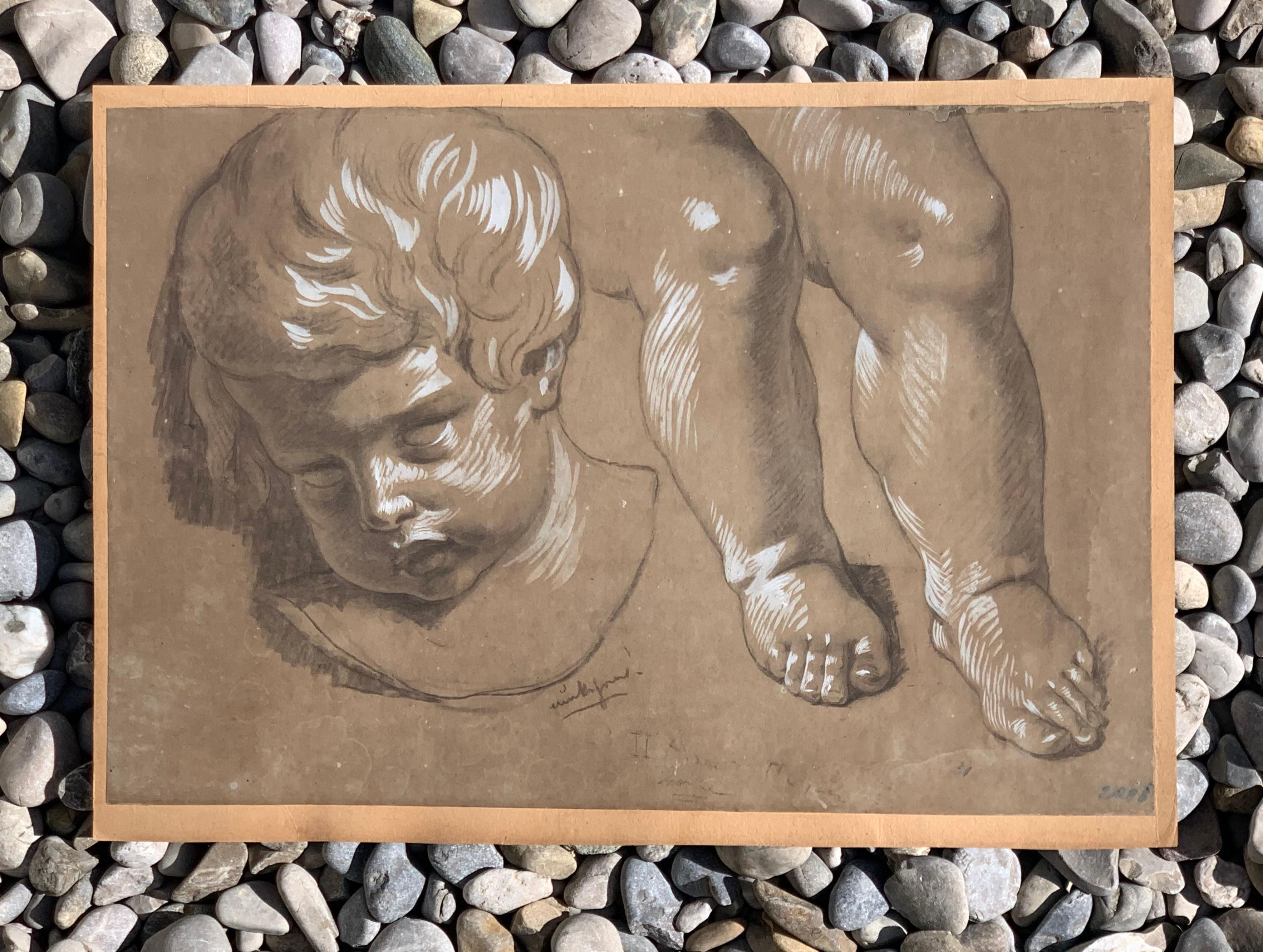 Antique Drawing August von Heckel 1824-1883 Study of a Child's Head and Legs In Good Condition For Sale In Munich, DE
