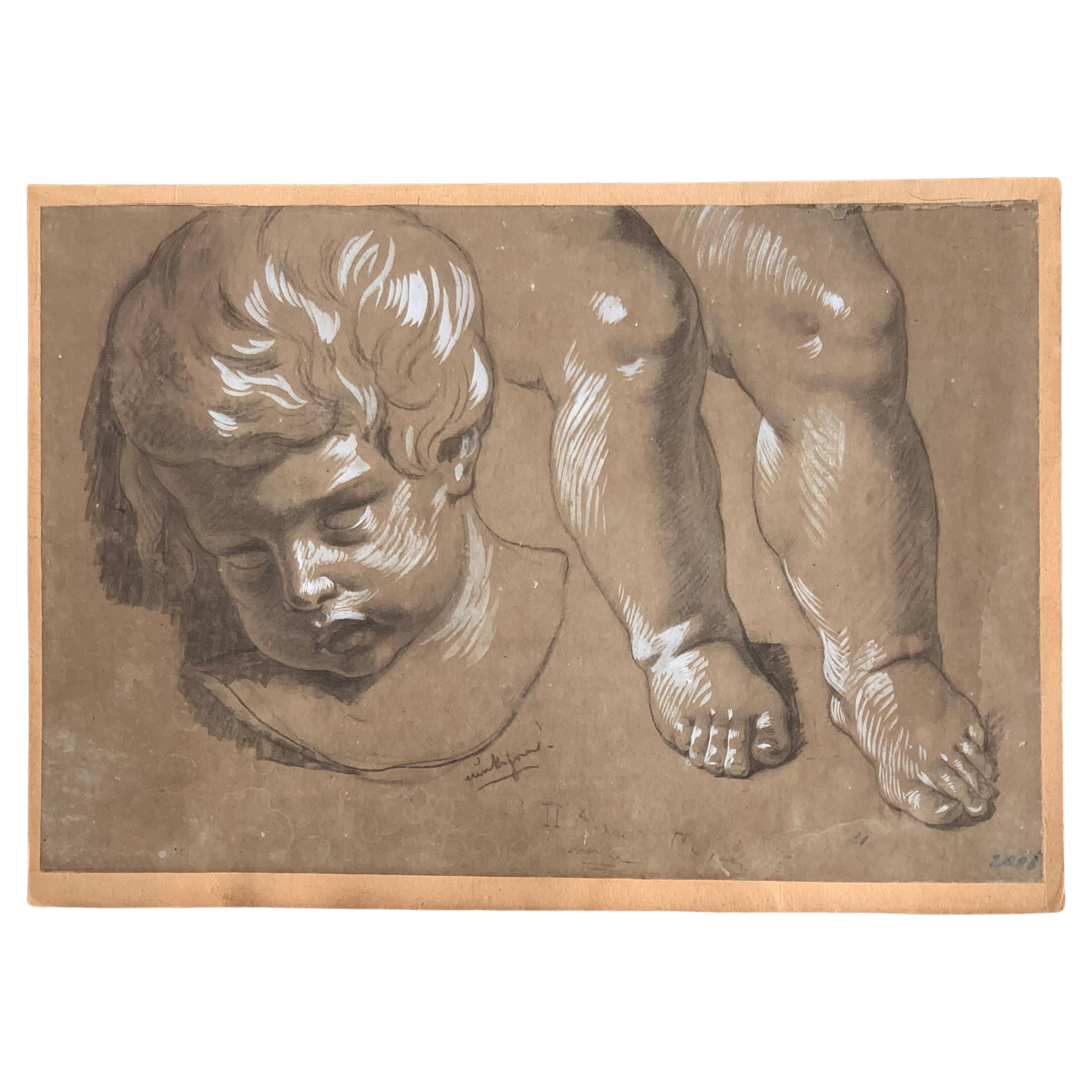 dessin ancien d'August von Heckel 1824-1883 Étude d'une tête et de pieds d'enfant