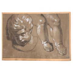 dessin ancien d'August von Heckel 1824-1883 Étude d'une tête et de pieds d'enfant