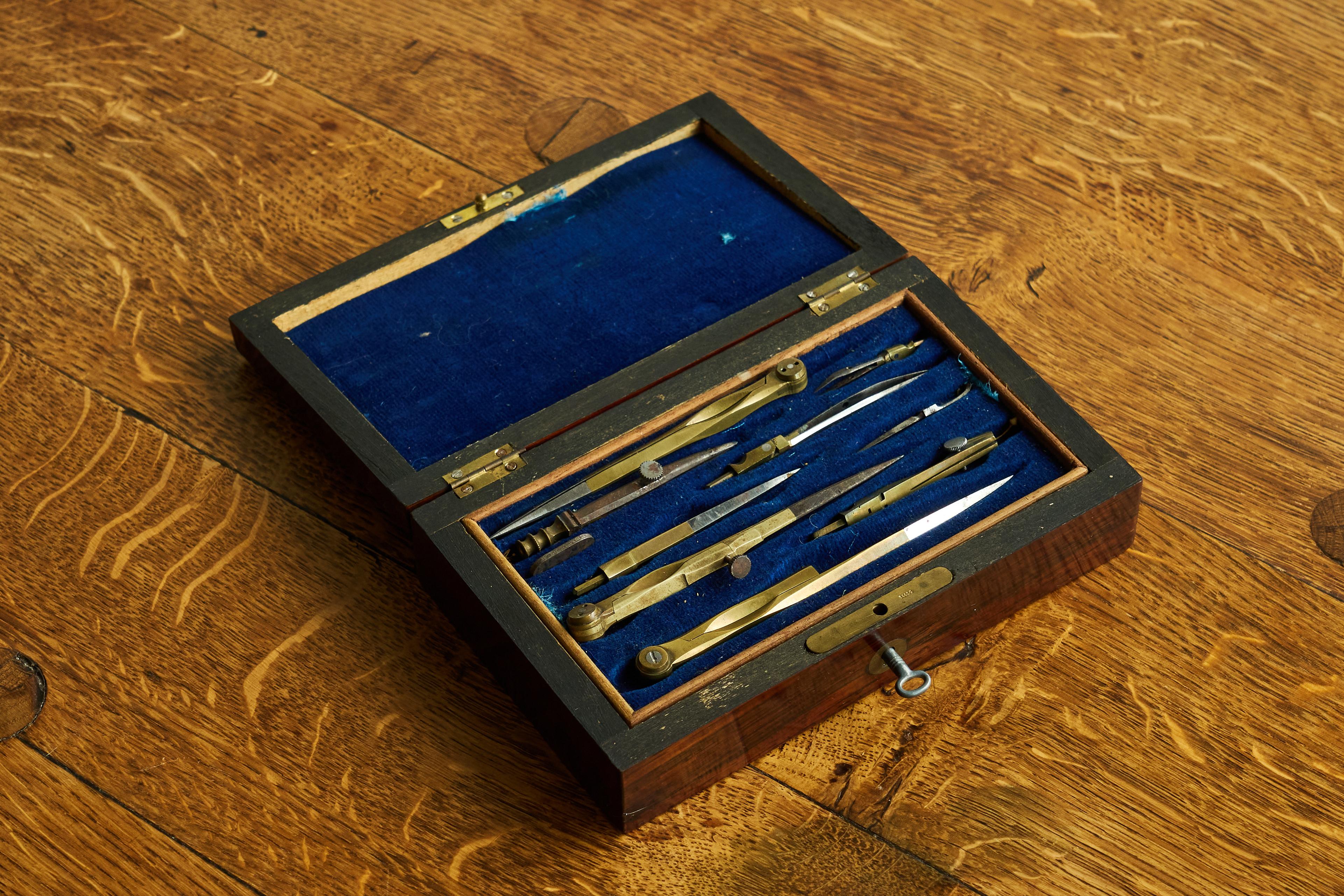 Arts and Crafts Antique Drawing Instrument Set in Rosewood Box 1900 For Sale