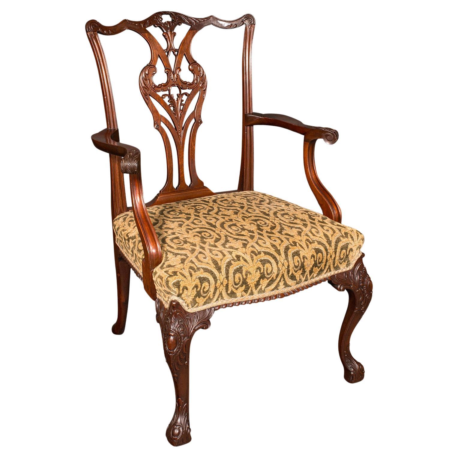 Antique Drawing Room Armchair, English, Elbow Chair, Chippendale Revival, C.1900