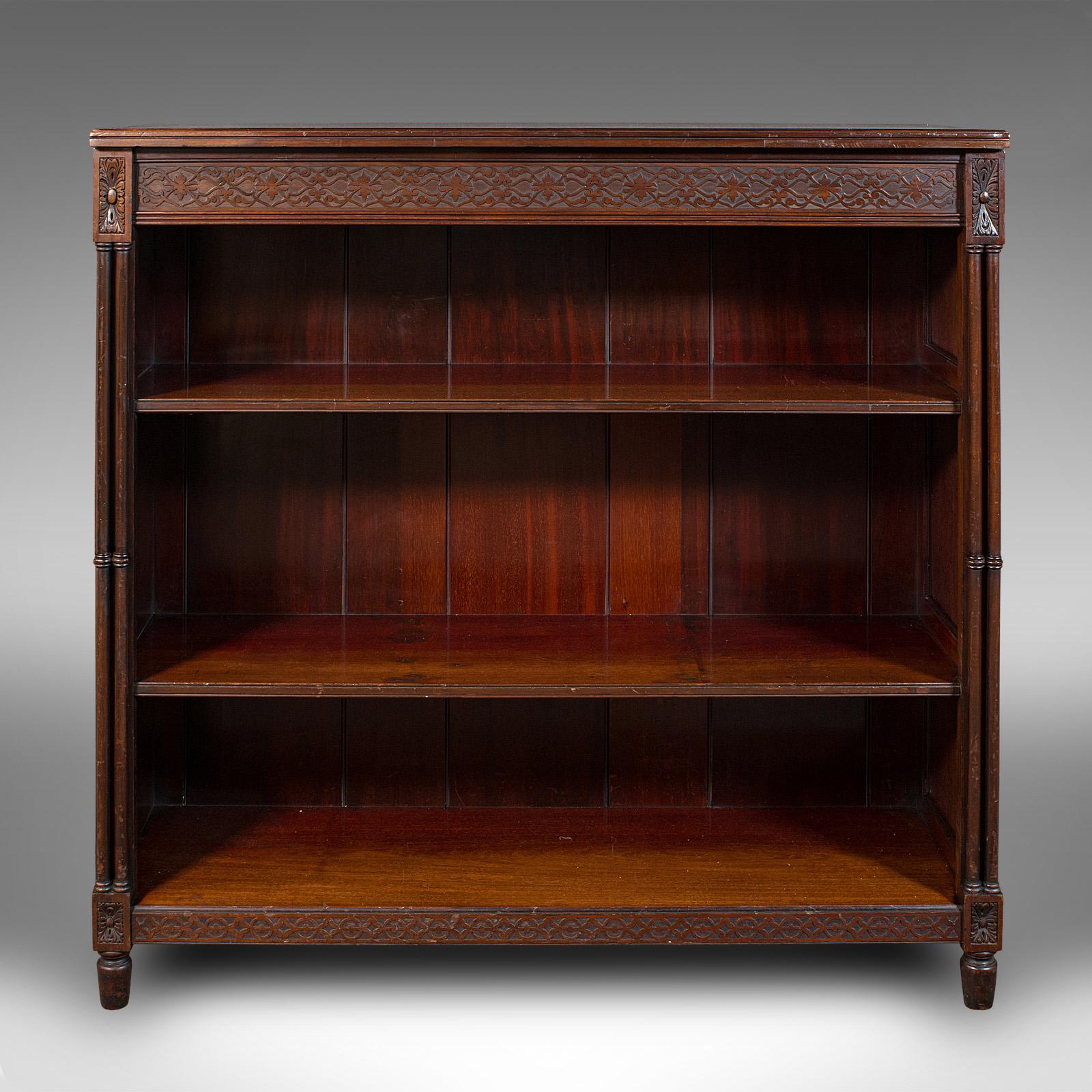 This is an antique drawing room book cabinet. An English, walnut decorative bookshelves, dating to the late Victorian period, circa 1880.

Tastefully crafted bookcase with appealing decorative detail
Displays a desirable aged patina and in good