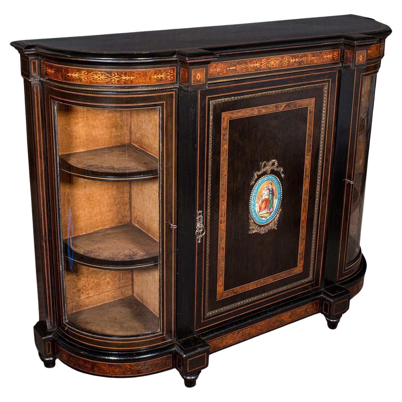 Credenza antica da salotto, inglese, noce, mobile da esposizione, vittoriano, 1850