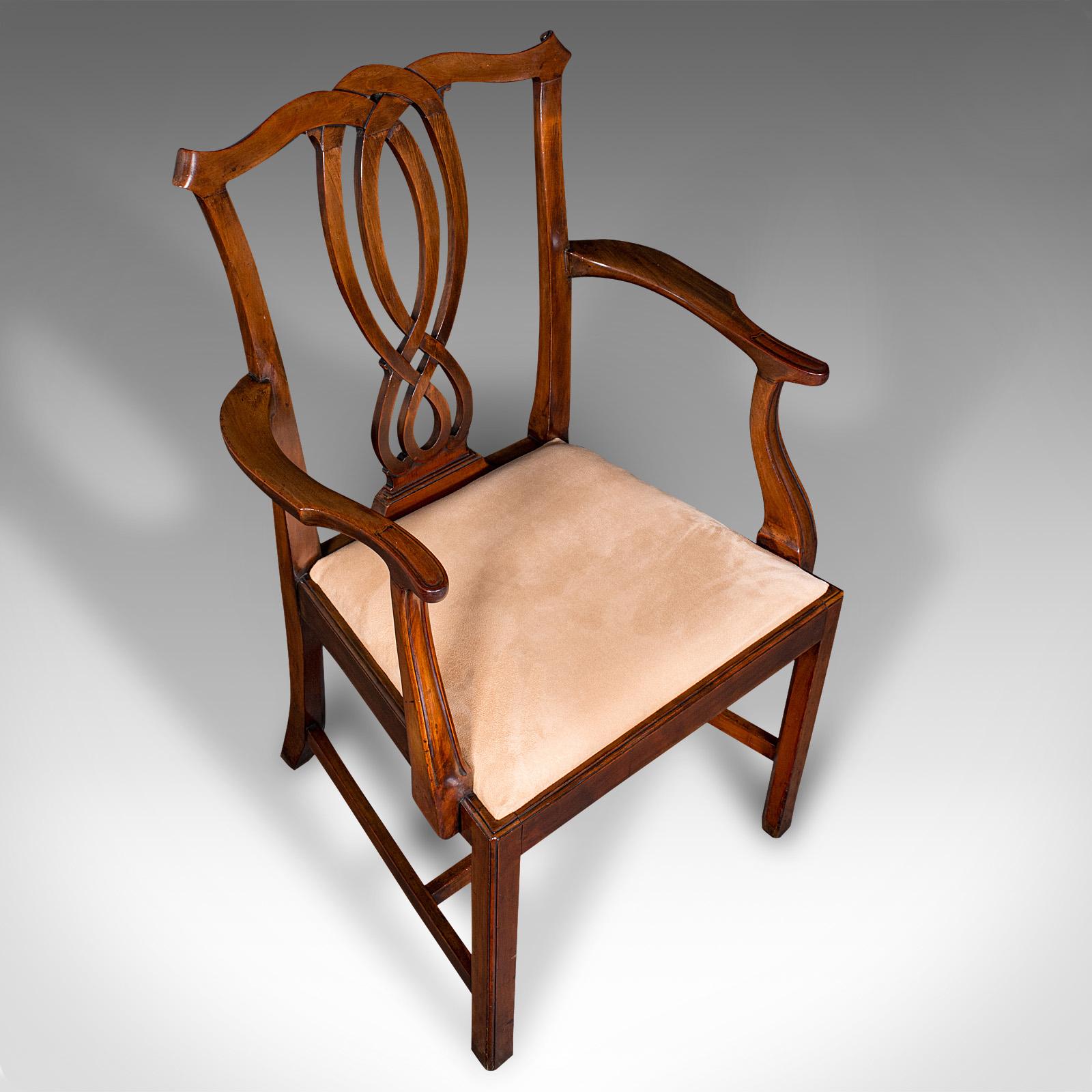 Wood Antique Drawing Room Elbow Chair, English, Carver, Chippendale Taste, Georgian For Sale