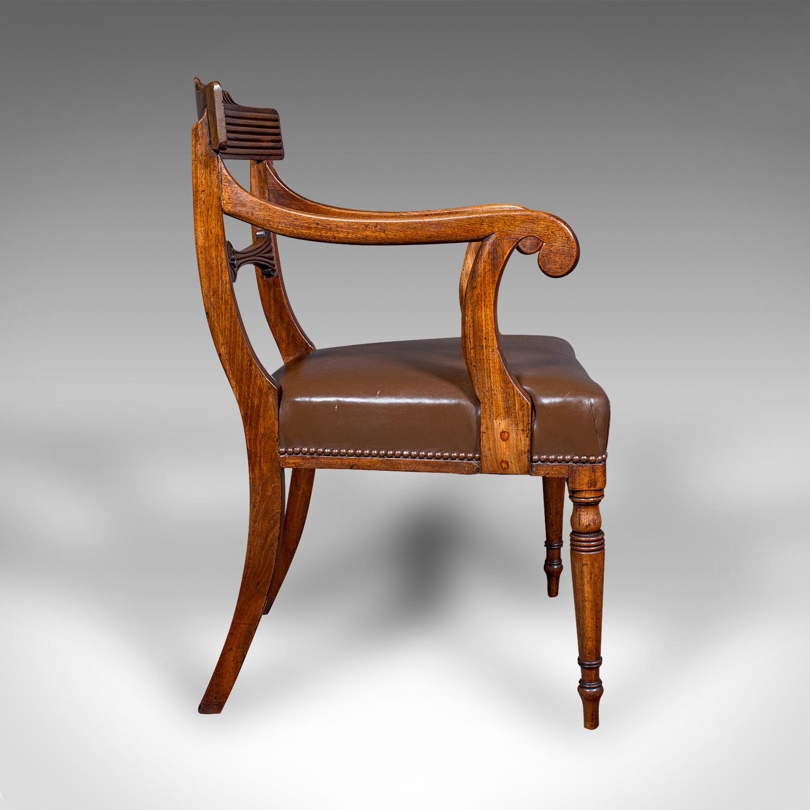 British Antique Drawing Room Elbow Chair, English, Leather, Desk Seat, Regency, C.1820 For Sale
