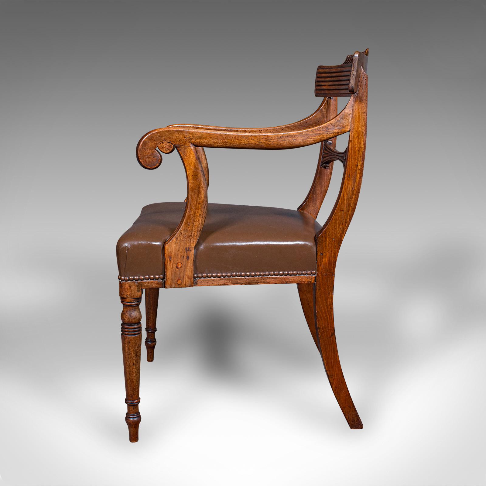 Early 19th Century Antique Drawing Room Elbow Chair, English, Leather, Desk Seat, Regency, C.1820 For Sale