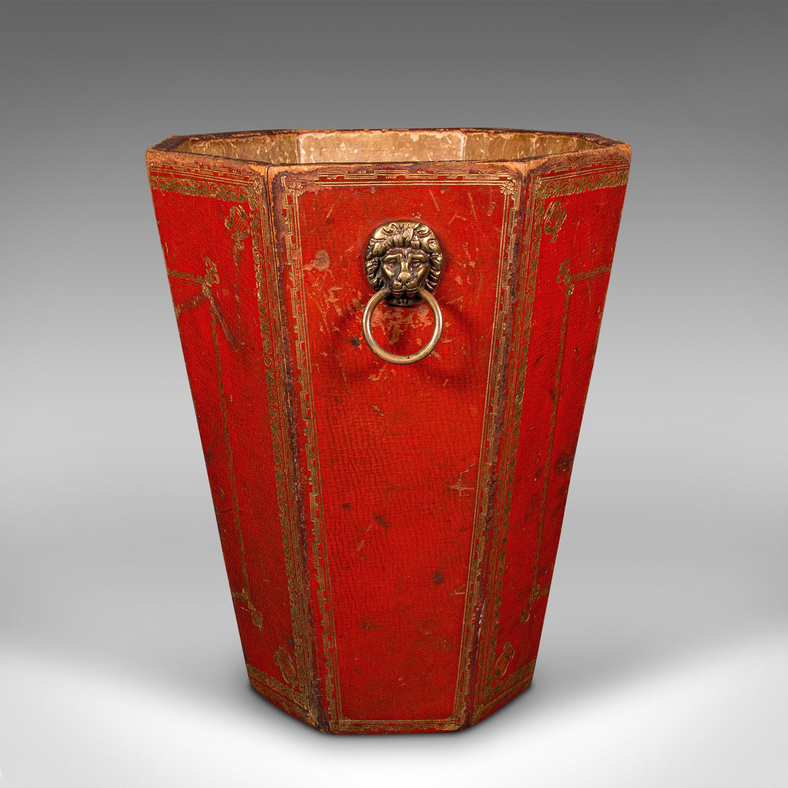 19th Century Antique Drawing Room Paper Bin, English, Leather, Brass, Office Basket, Georgian