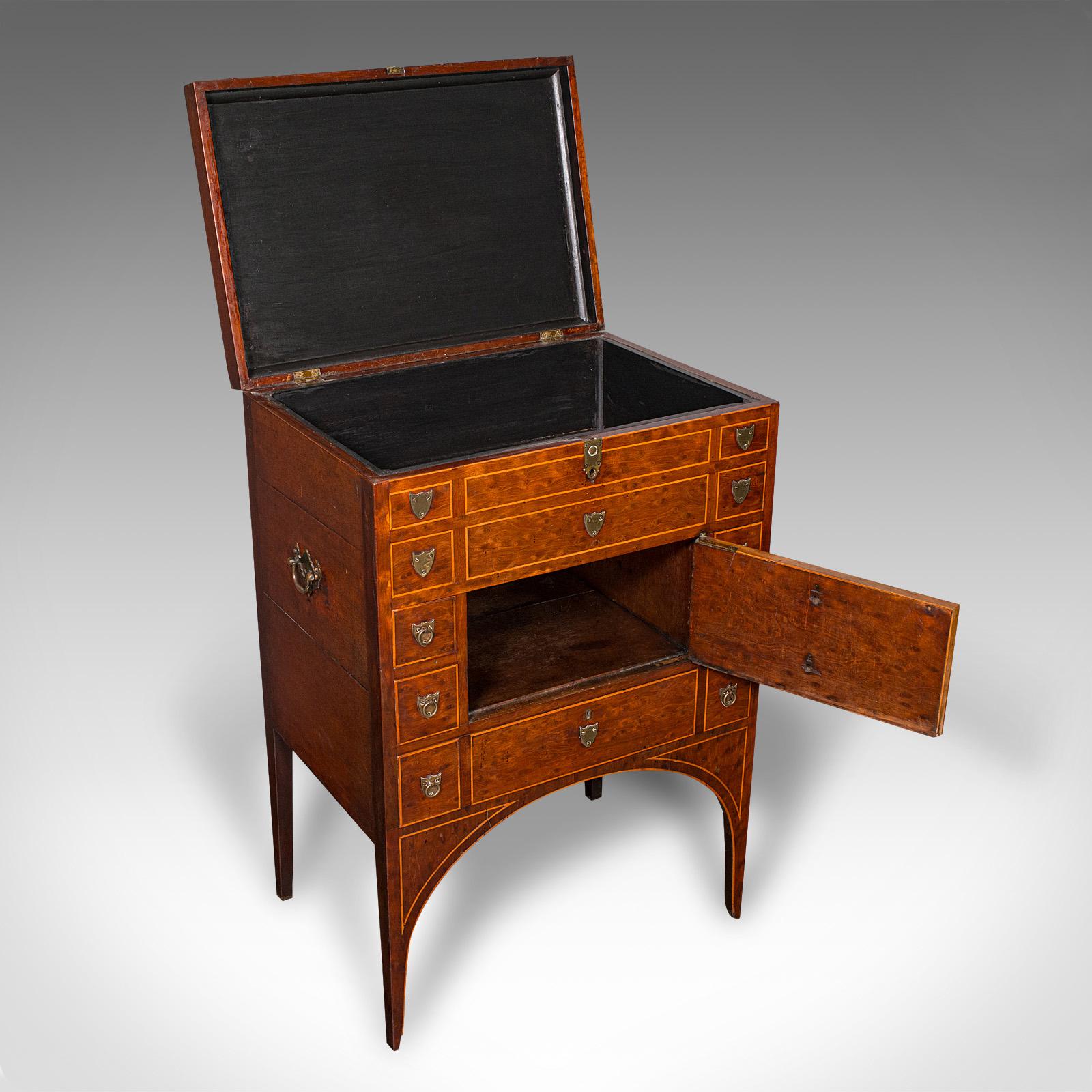 This is an antique drawing room show cabinet. An English, burr walnut and boxwood chest on stand, dating to the Regency period, circa 1820.

Superb raised cabinet with beautiful figuring and finish
Displays a desirable aged patina and in good