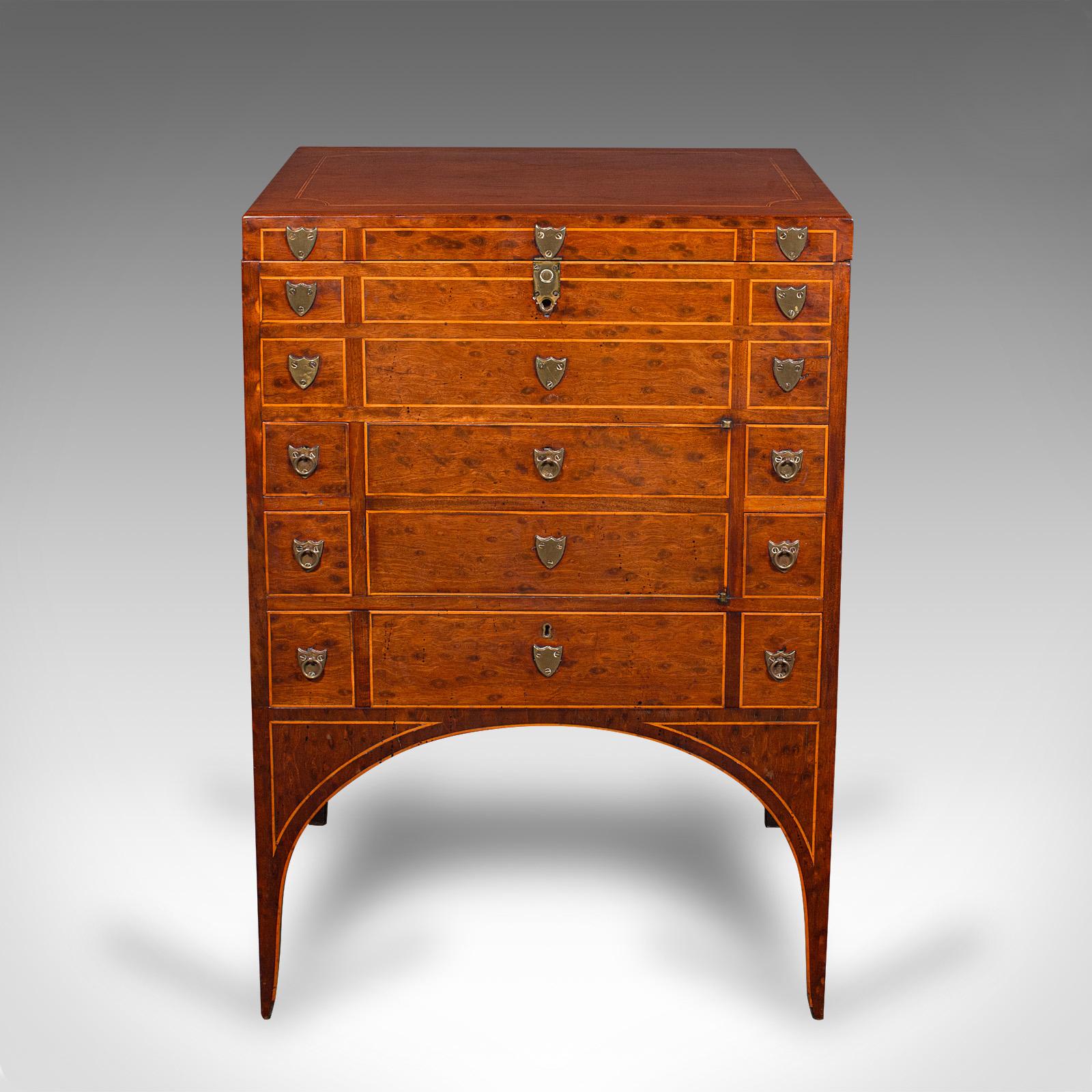 British Antique Drawing Room Show Cabinet, English, Burr Walnut, Chest on Stand, Regency For Sale