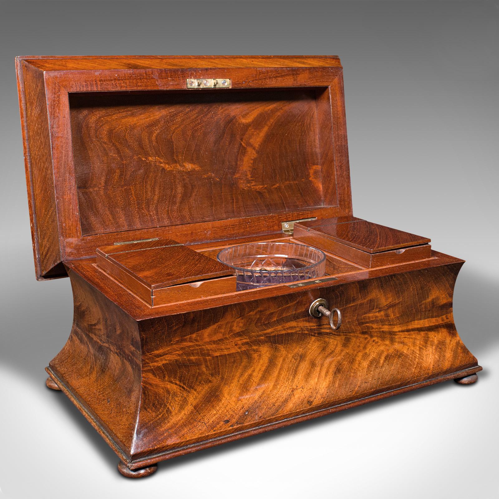 This is an antique drawing room tea caddy. An English, flame mahogany sarcophagus with glass mixer, dating to the Regency period, circa 1820.

Superb craftsmanship with striking decorative appearance
Displays a desirable aged patina and in good