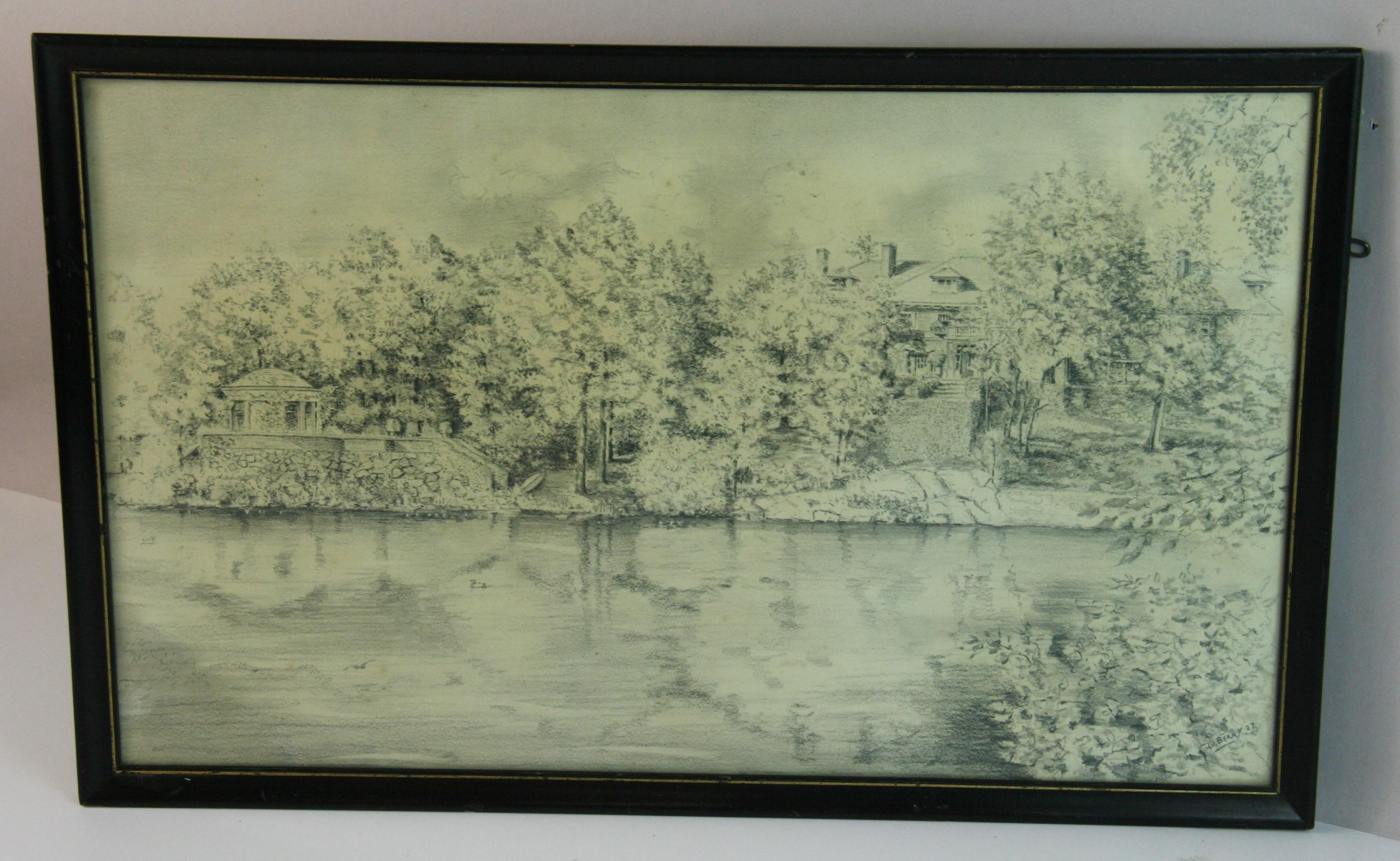5125 Antike Holzkohlezeichnung  einer Landschaft vom Charles River in Boston aus gesehen aus dem Jahr 1927
Gezeichnet J.G.Berry