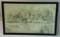 Antique Drawing "View From The Charles River in Boston " 1927