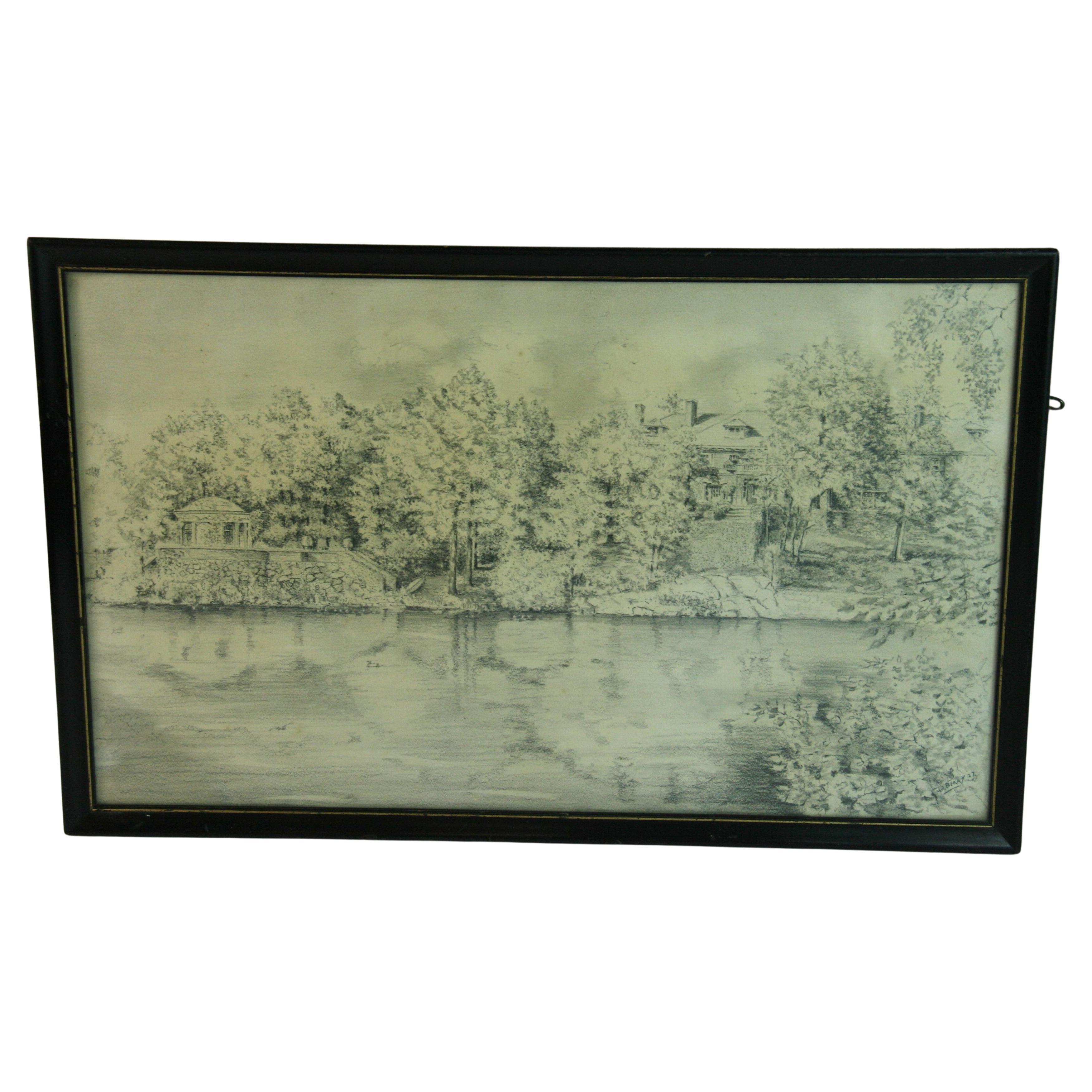 Antique Drawing "View From The Charles River in Boston " 1927