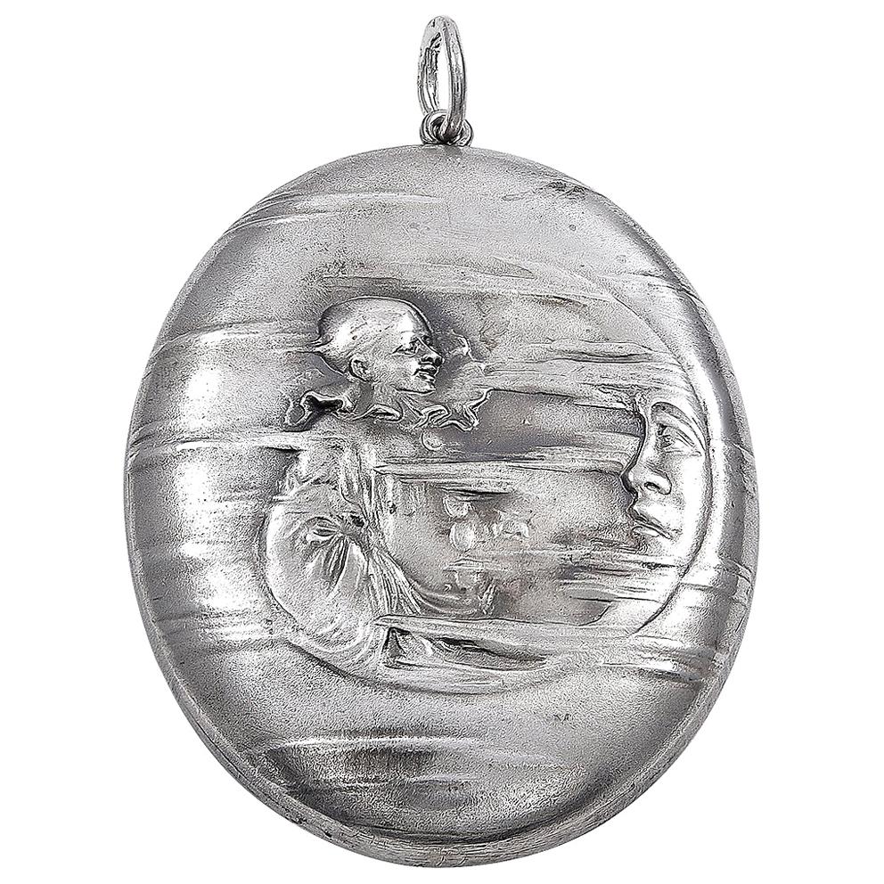 Wonderful Older Vintage Antique Man in the Moon Crescent Sterling Silver Pendant Charm Necklace signed STERLING