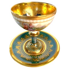 Antique Dresden Ambrosius Lamm Green Gilt Flower Footed Cup Saucer Hand Painted