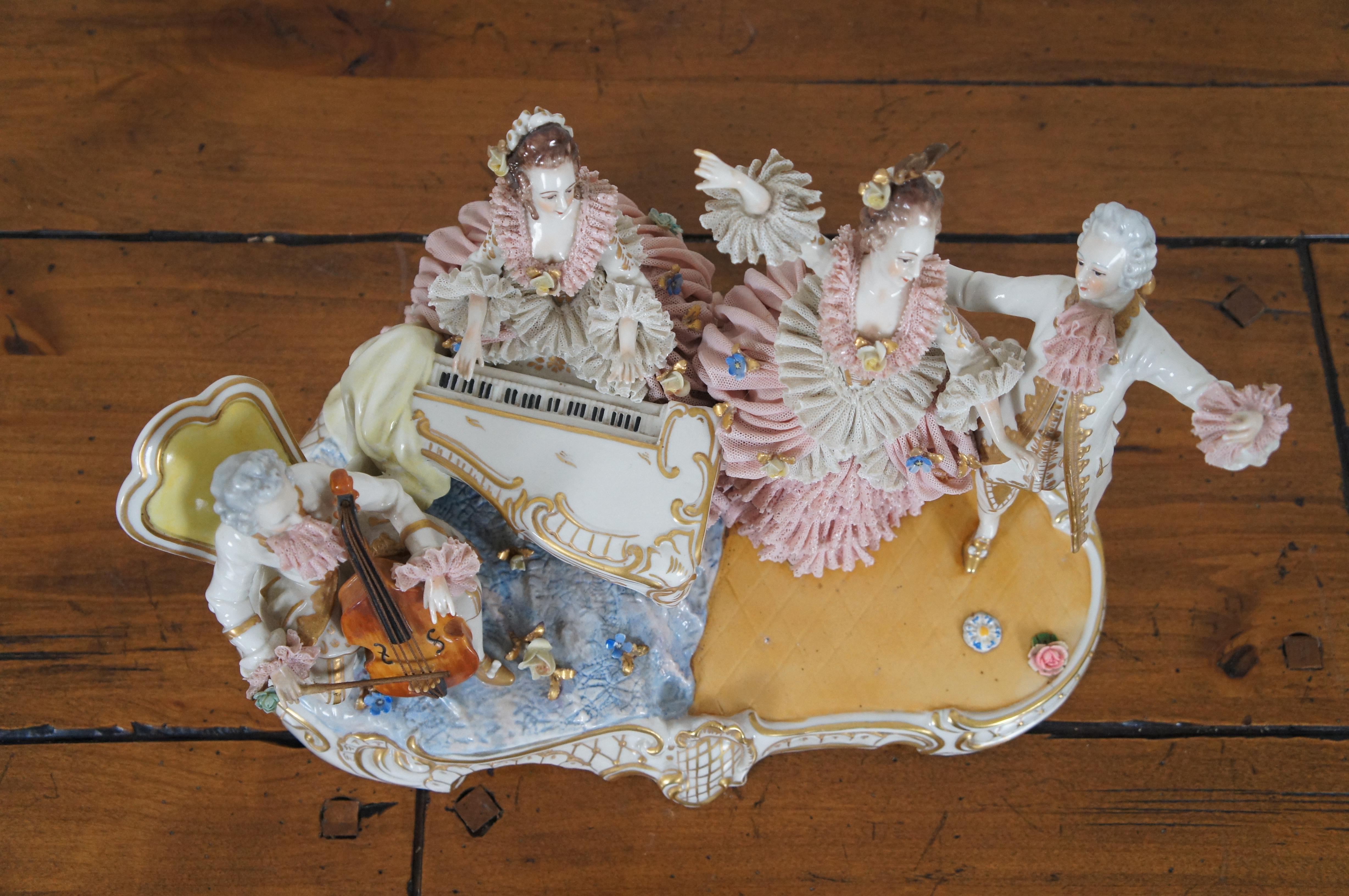 Victorian Antique Dresden Capodimonte Porcelain Lace Music Room Group Cello Piano
