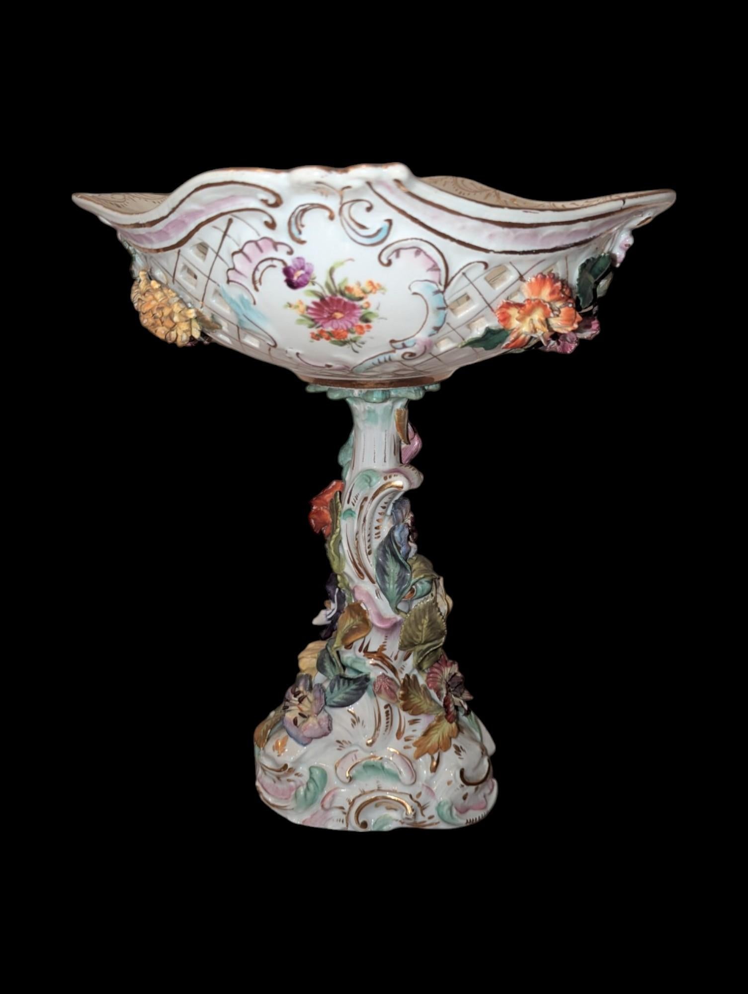 Rococo Antique Dresden Figural Floral Encrusted Porcelain Compote