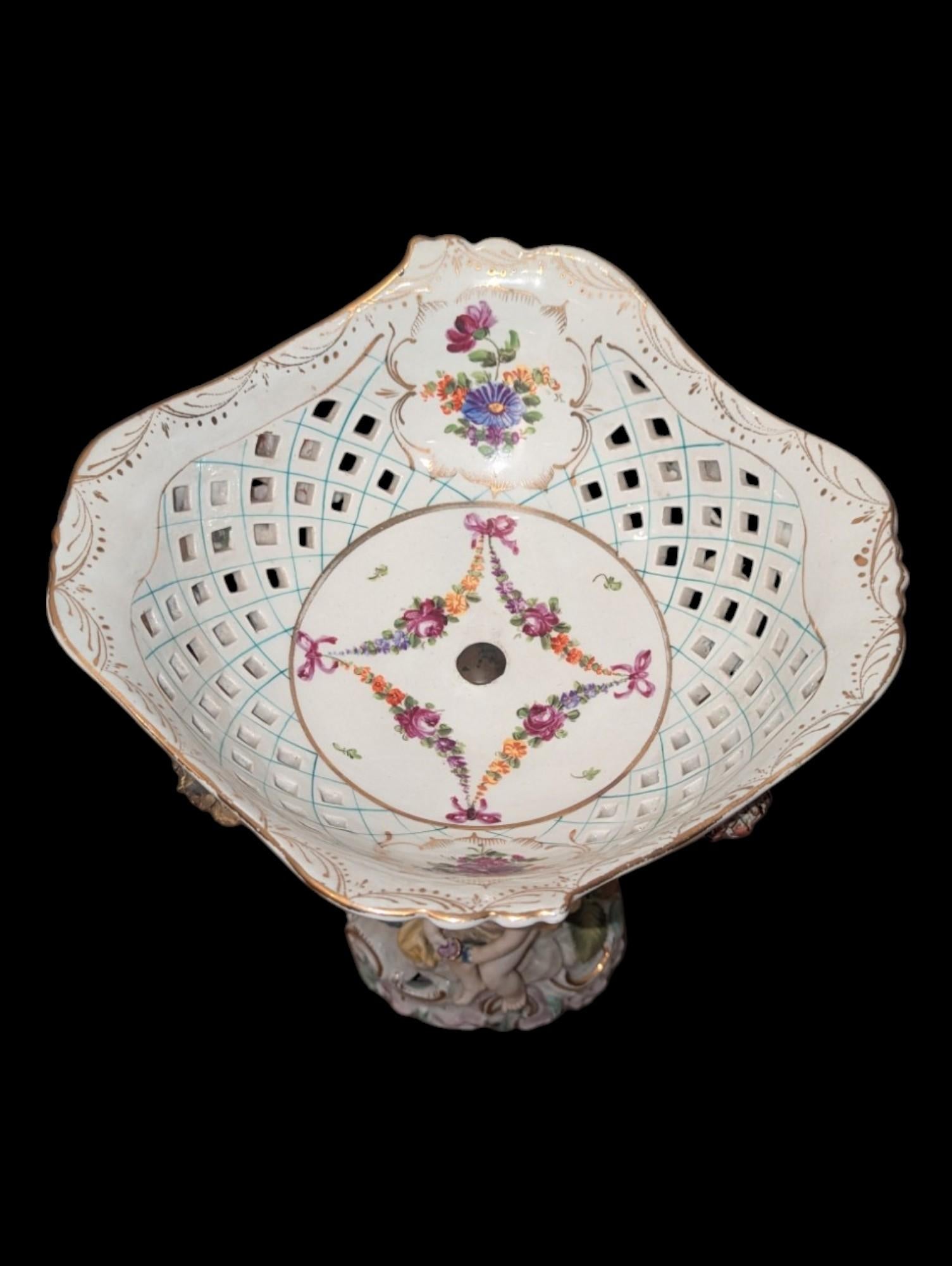 German Antique Dresden Figural Floral Encrusted Porcelain Compote