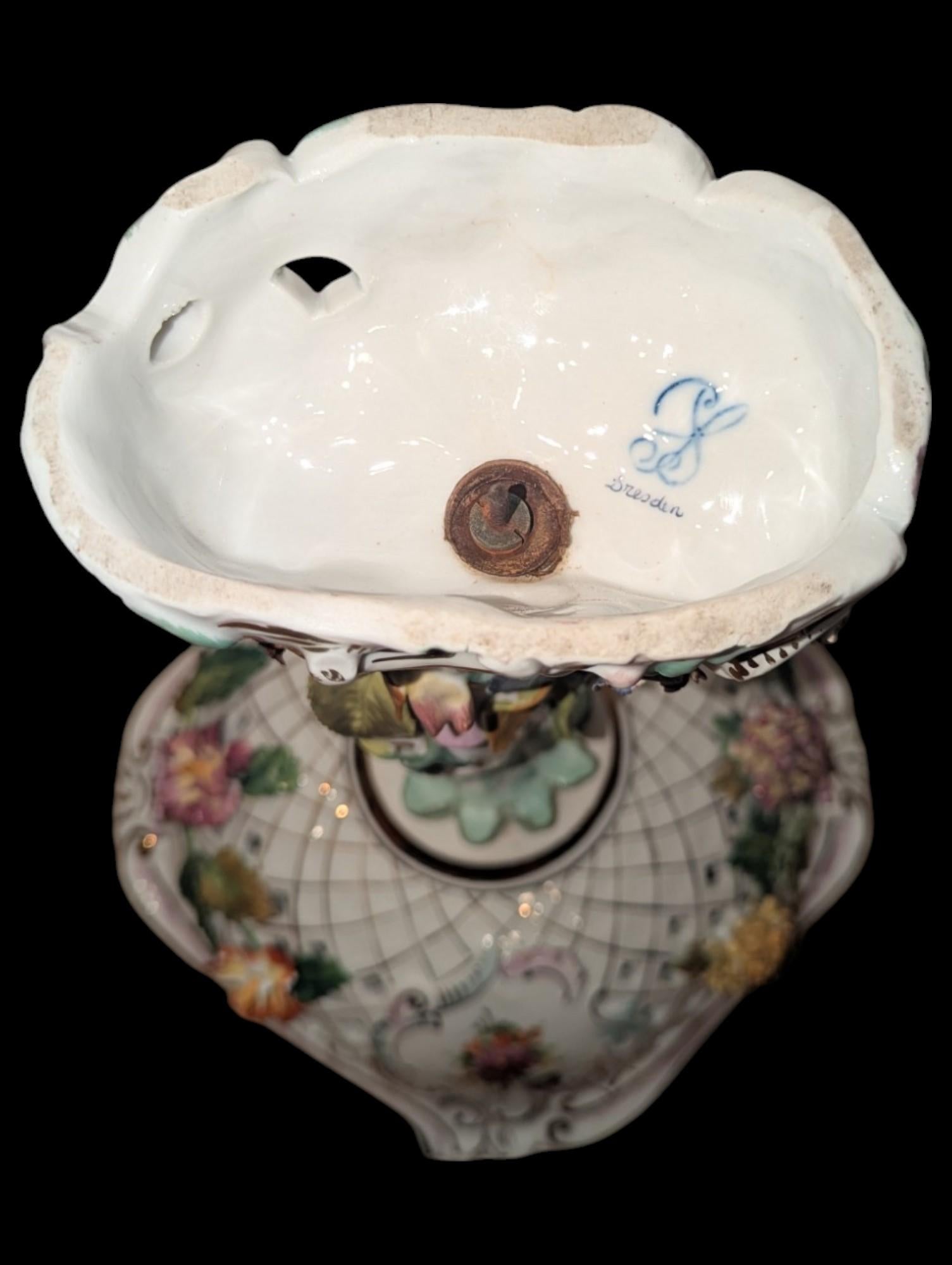 Hand-Crafted Antique Dresden Figural Floral Encrusted Porcelain Compote
