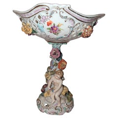 Antique Dresden Figural Floral Encrusted Porcelain Compote