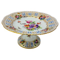 Antique Dresden Floral Encrusted & Pierced Porcelain Compote