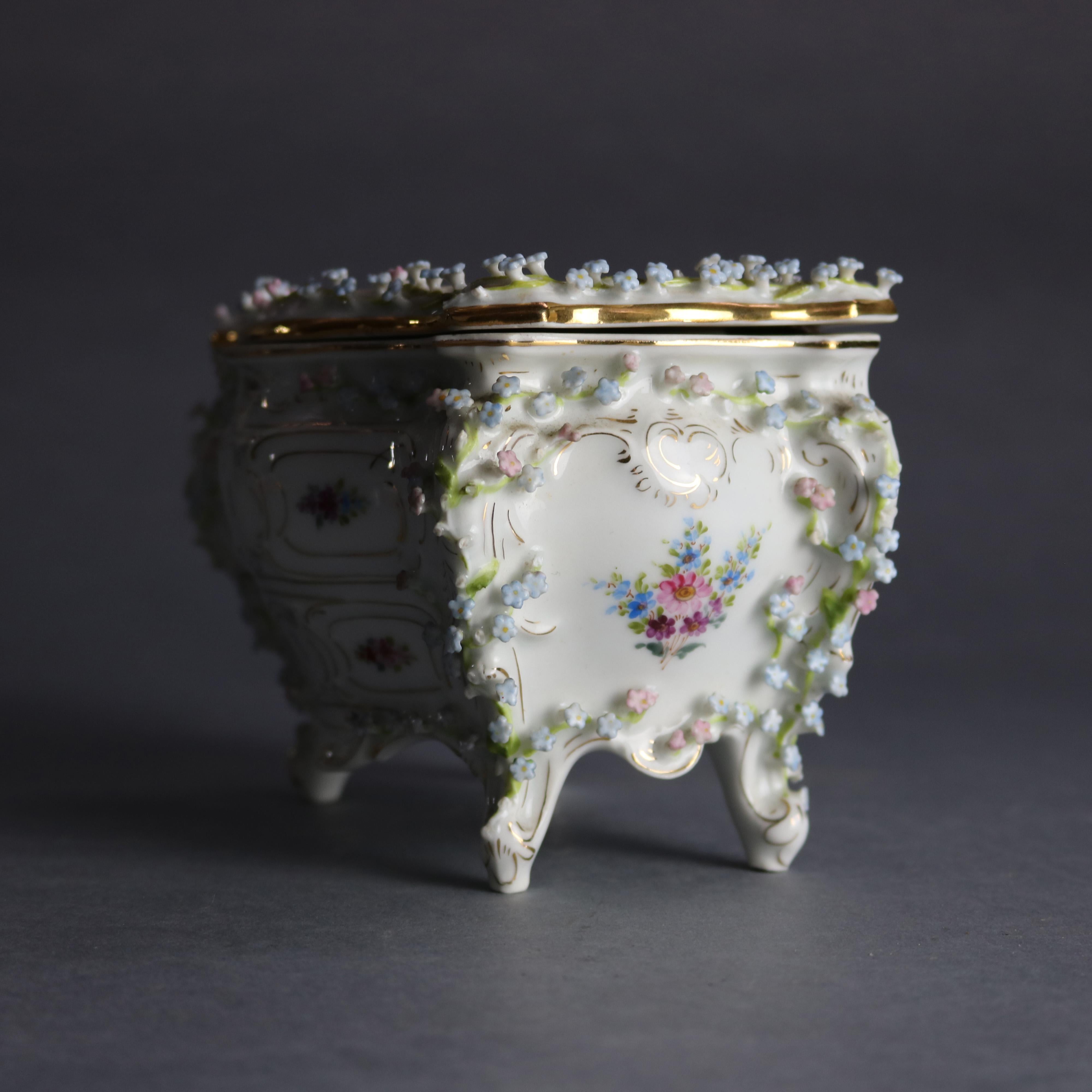 Victorian Antique Dresden Hand Painted & Gilt Porcelain Bombe Form Dresser Box, 19th C