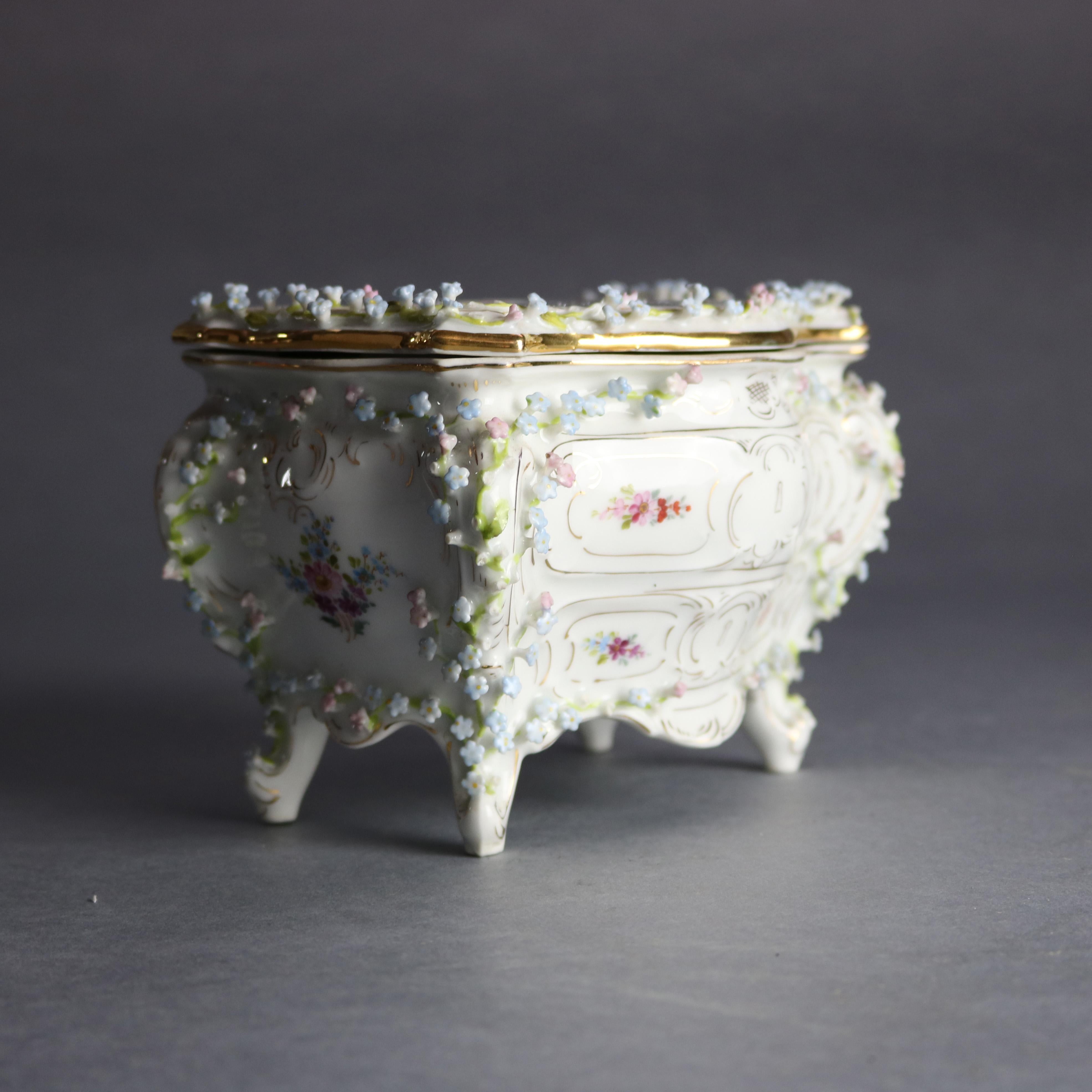 German Antique Dresden Hand Painted & Gilt Porcelain Bombe Form Dresser Box, 19th C