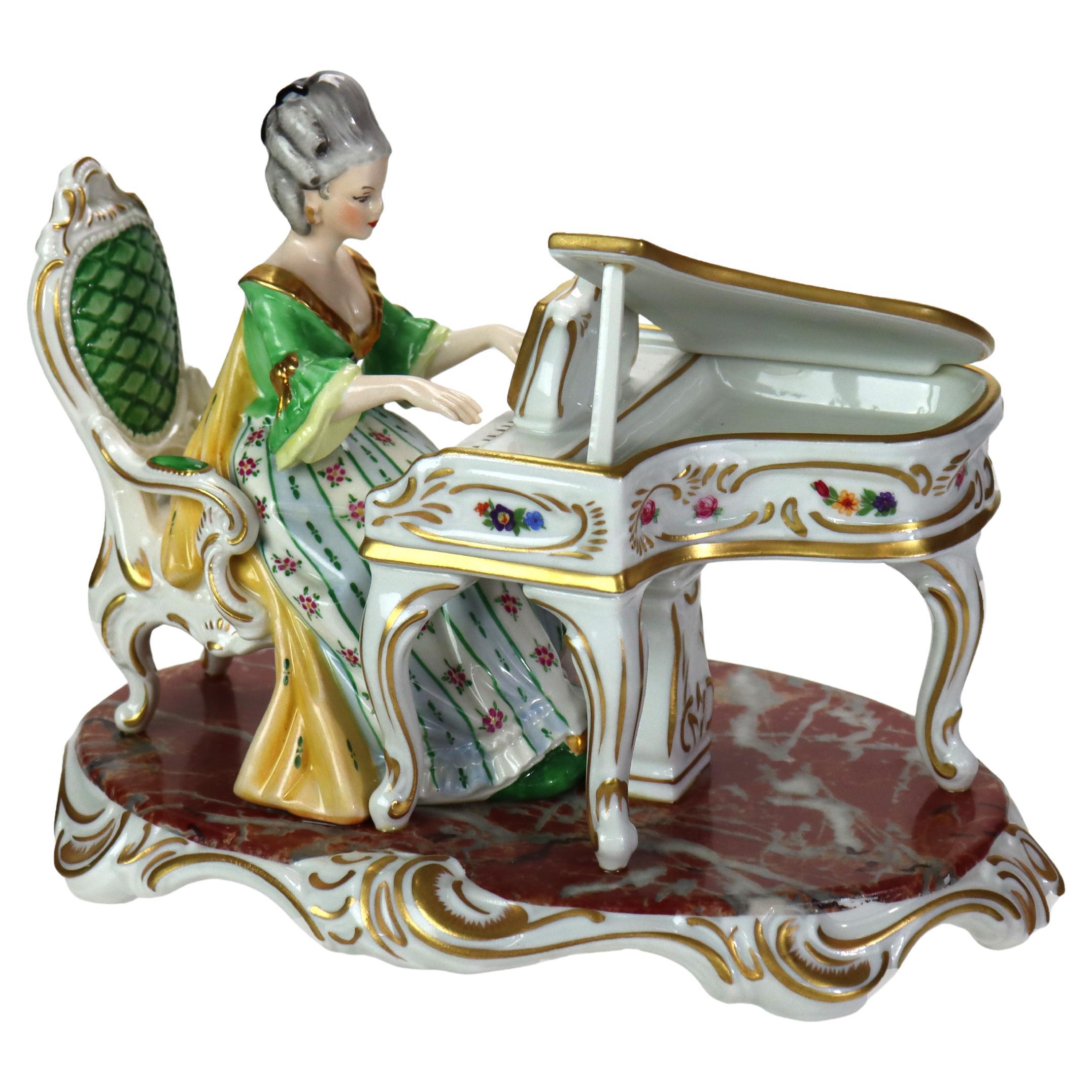 Antique Dresden Hand Painted Porcelain Piano Player Signed C1890 For Sale
