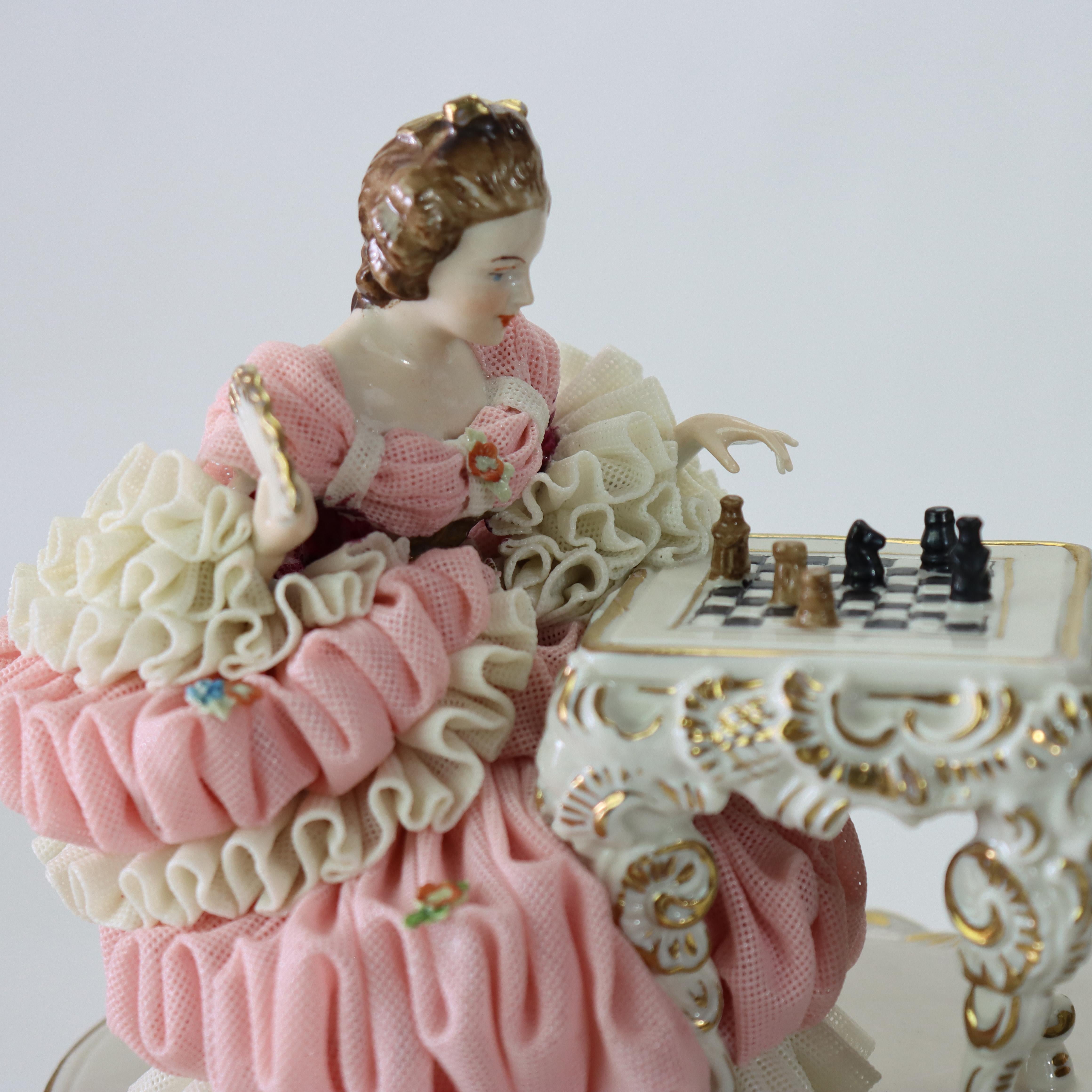 Antique Dresden Lace Hand Painted Porcelain Grouping of Chess Players Signed C1890
Measures - 6.5