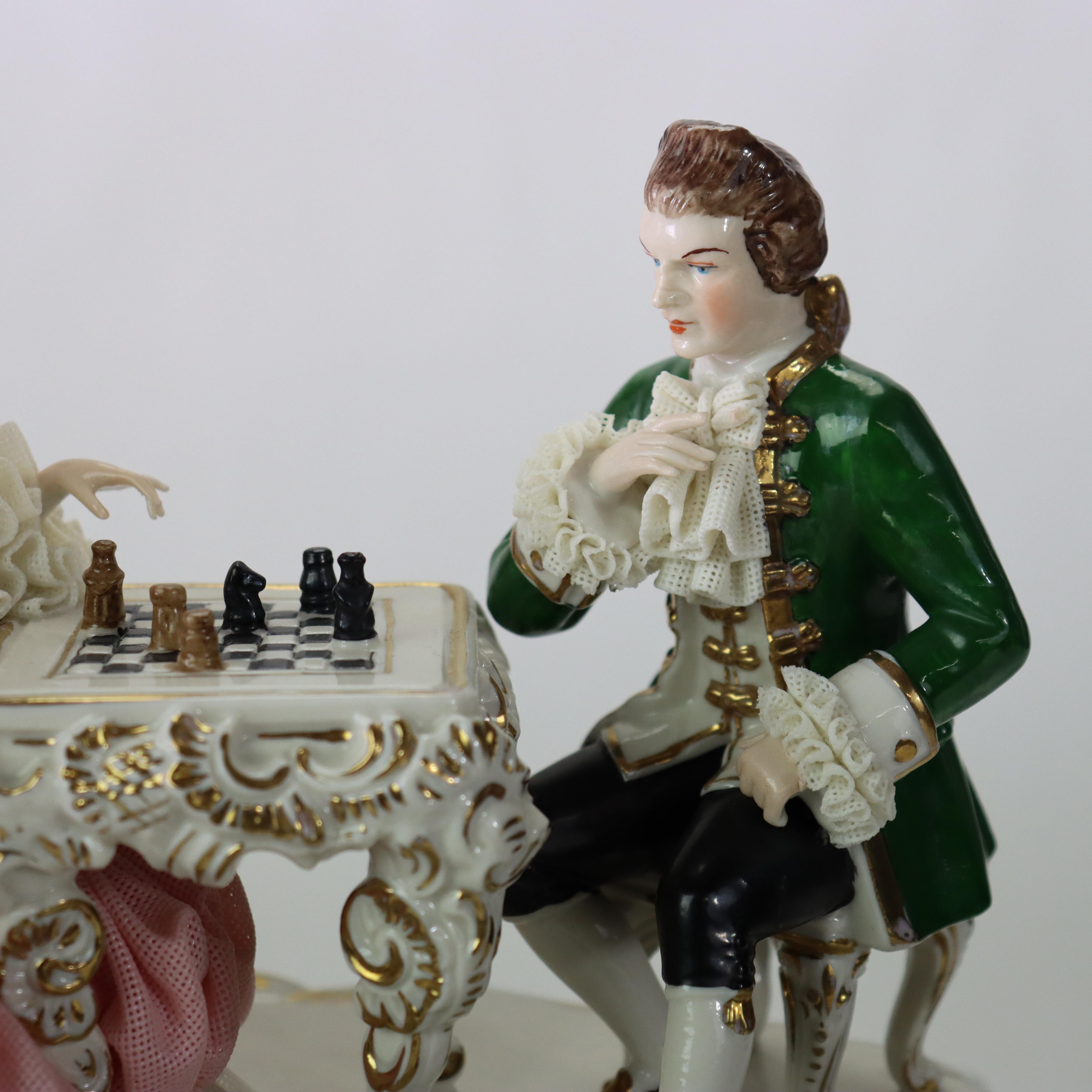 Antique Dresden Lace Hand Painted Porcelain Grouping of Chess Players C1890 In Good Condition For Sale In Big Flats, NY