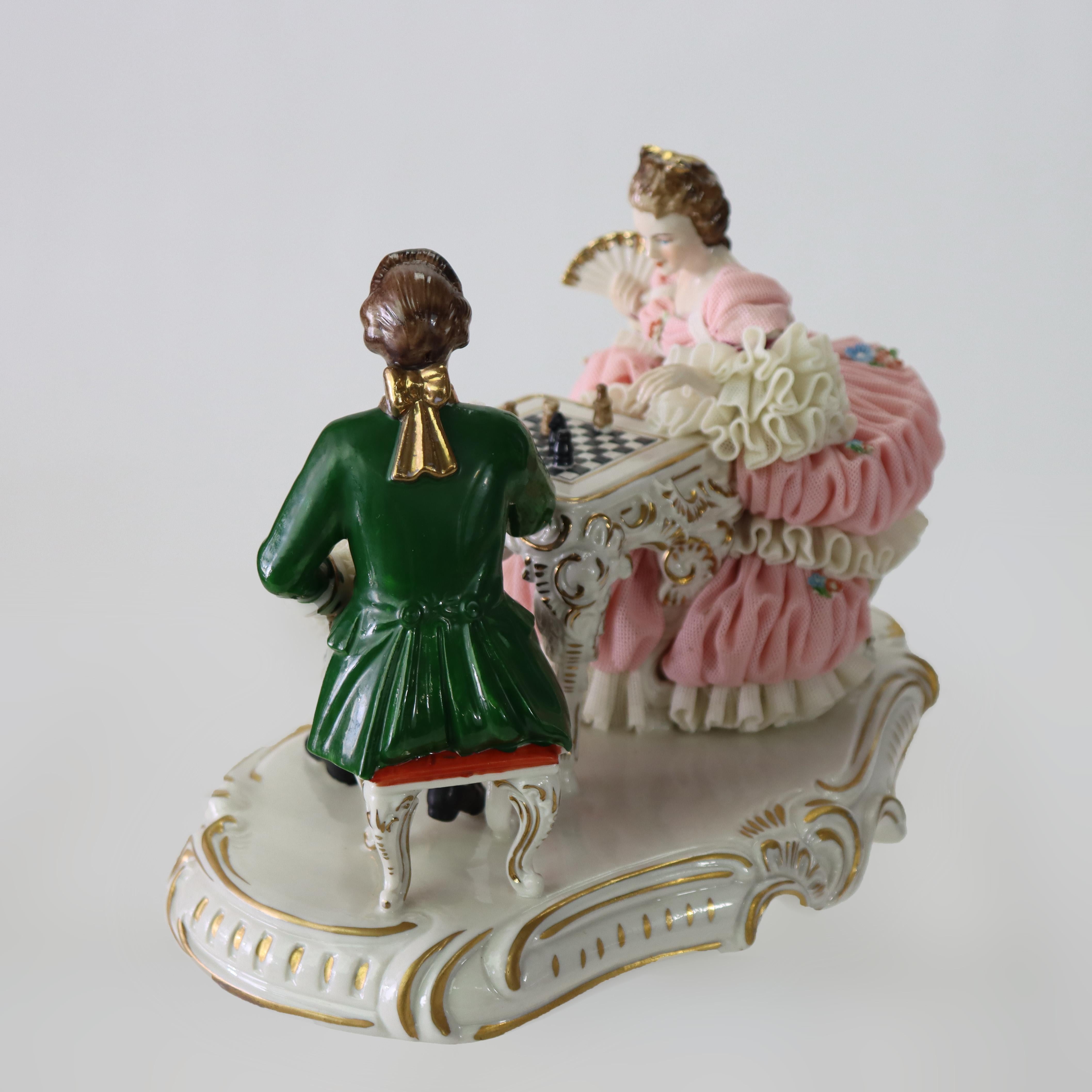 Antique Dresden Lace Hand Painted Porcelain Grouping of Chess Players C1890 For Sale 2