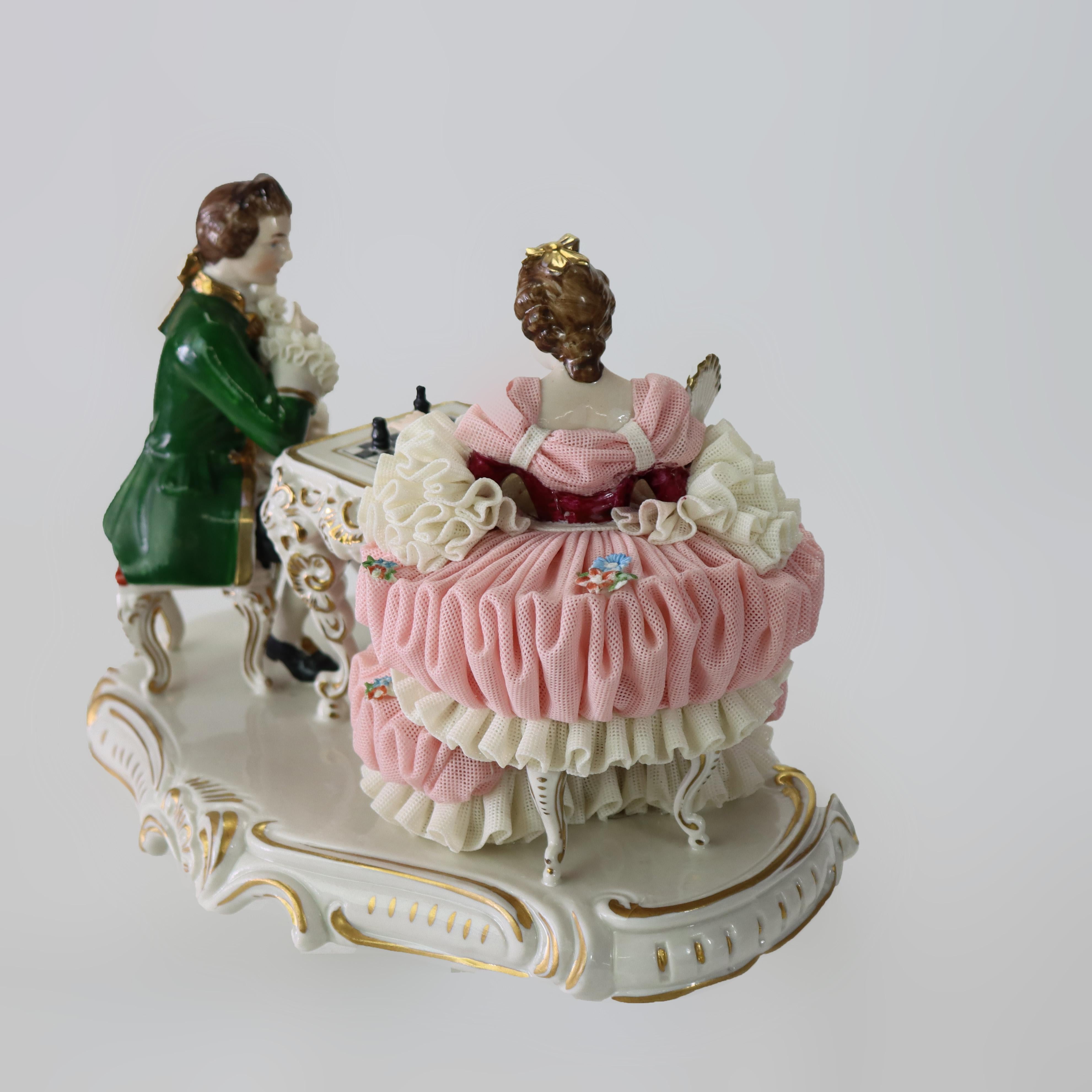 Antique Dresden Lace Hand Painted Porcelain Grouping of Chess Players C1890 For Sale 3