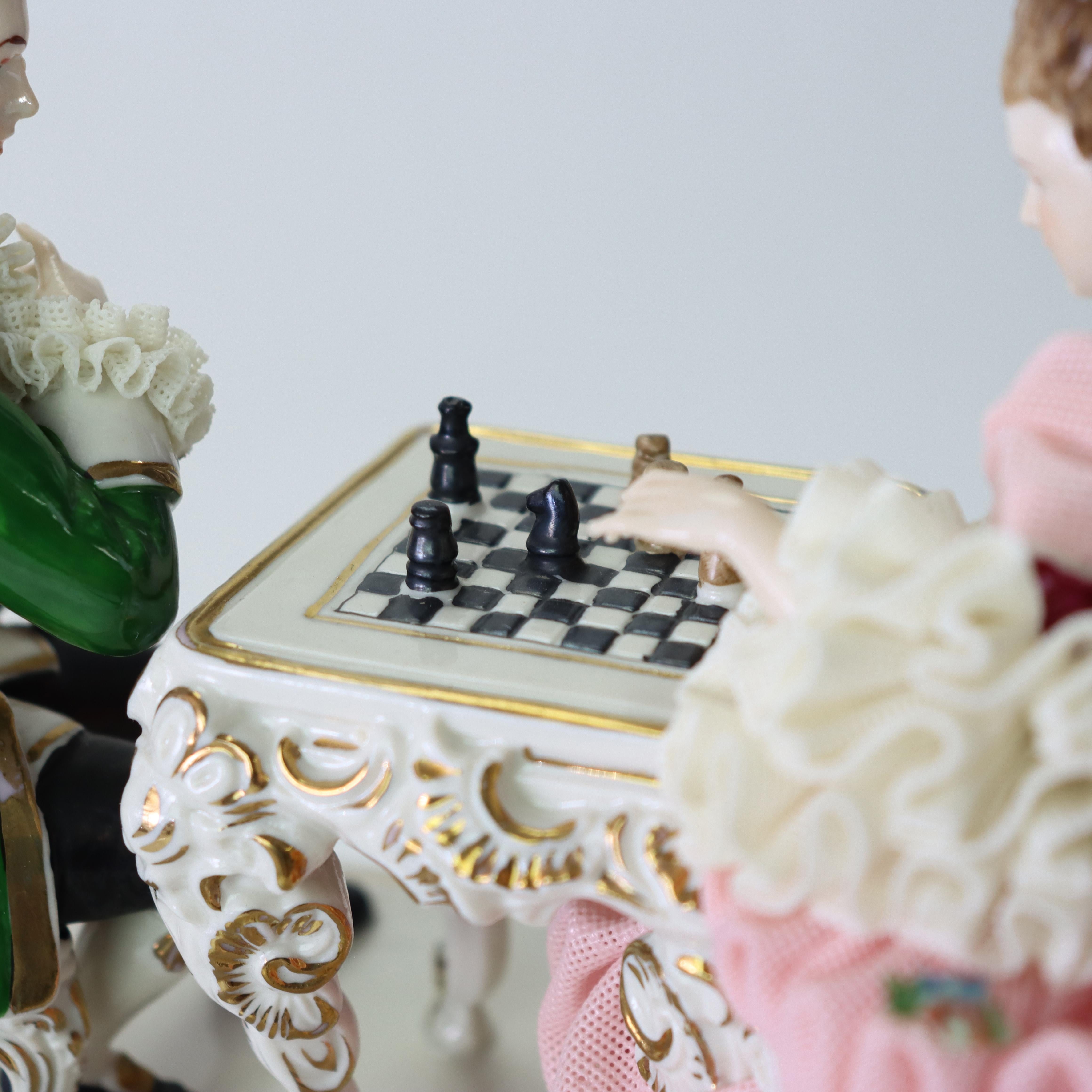 Antique Dresden Lace Hand Painted Porcelain Grouping of Chess Players C1890 For Sale 4