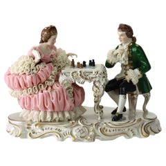 Antique Dresden Lace Hand Painted Porcelain Grouping of Chess Players C1890