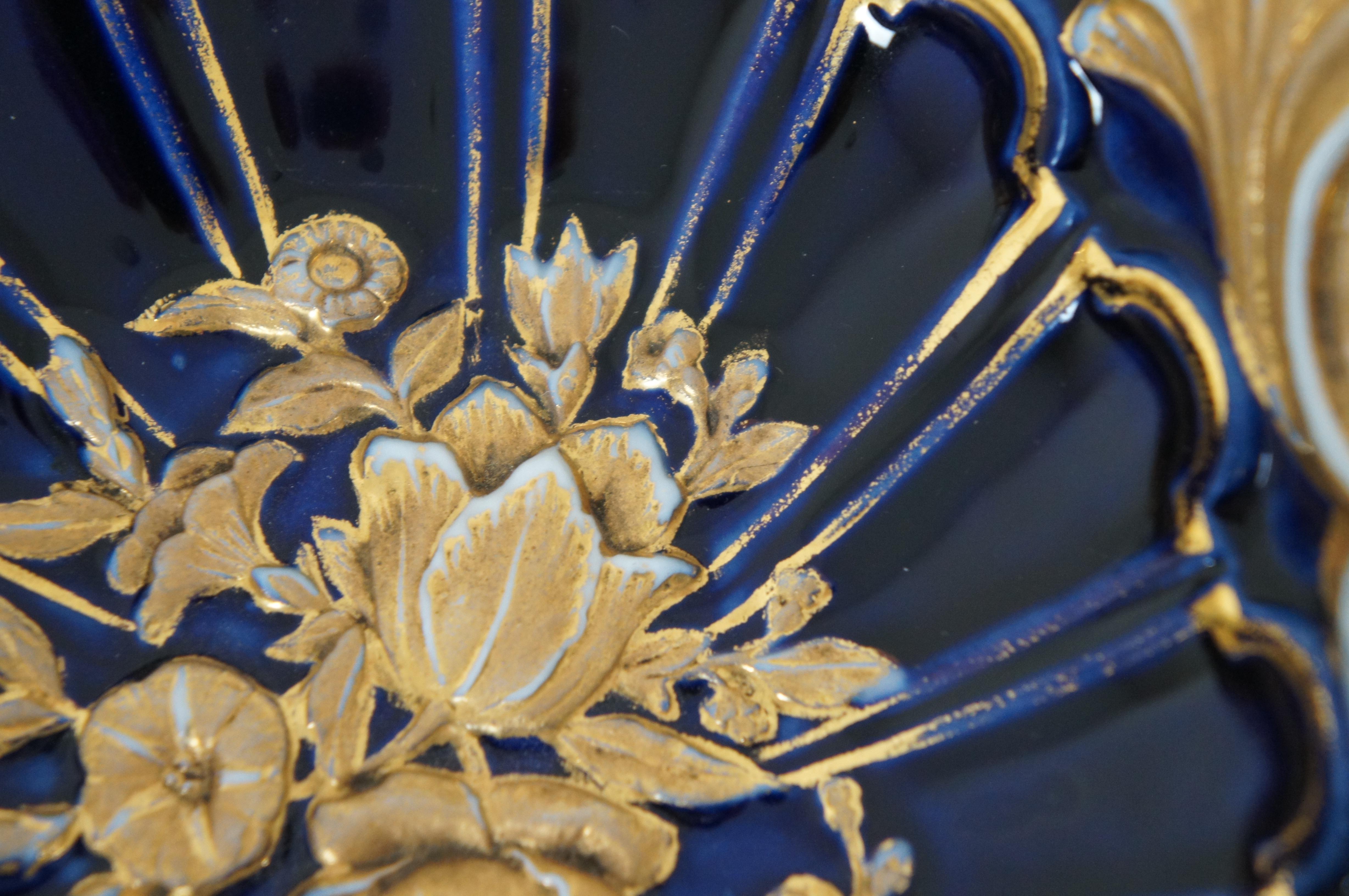 Antique Dresden Meissen Cobalt Gilded Roses Reticulated Centerpiece Compote 14