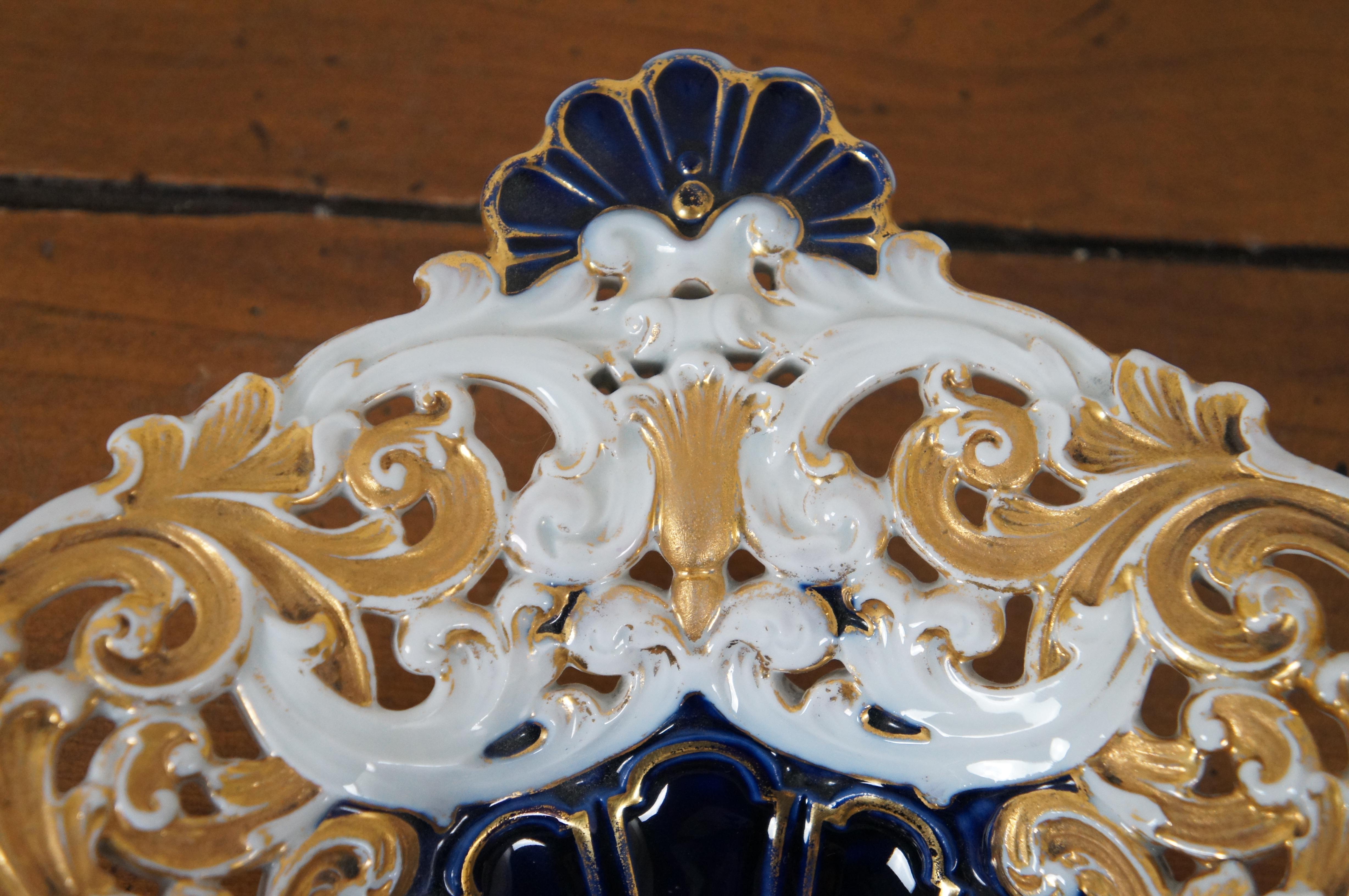 Porcelain Antique Dresden Meissen Cobalt Gilded Roses Reticulated Centerpiece Compote 14